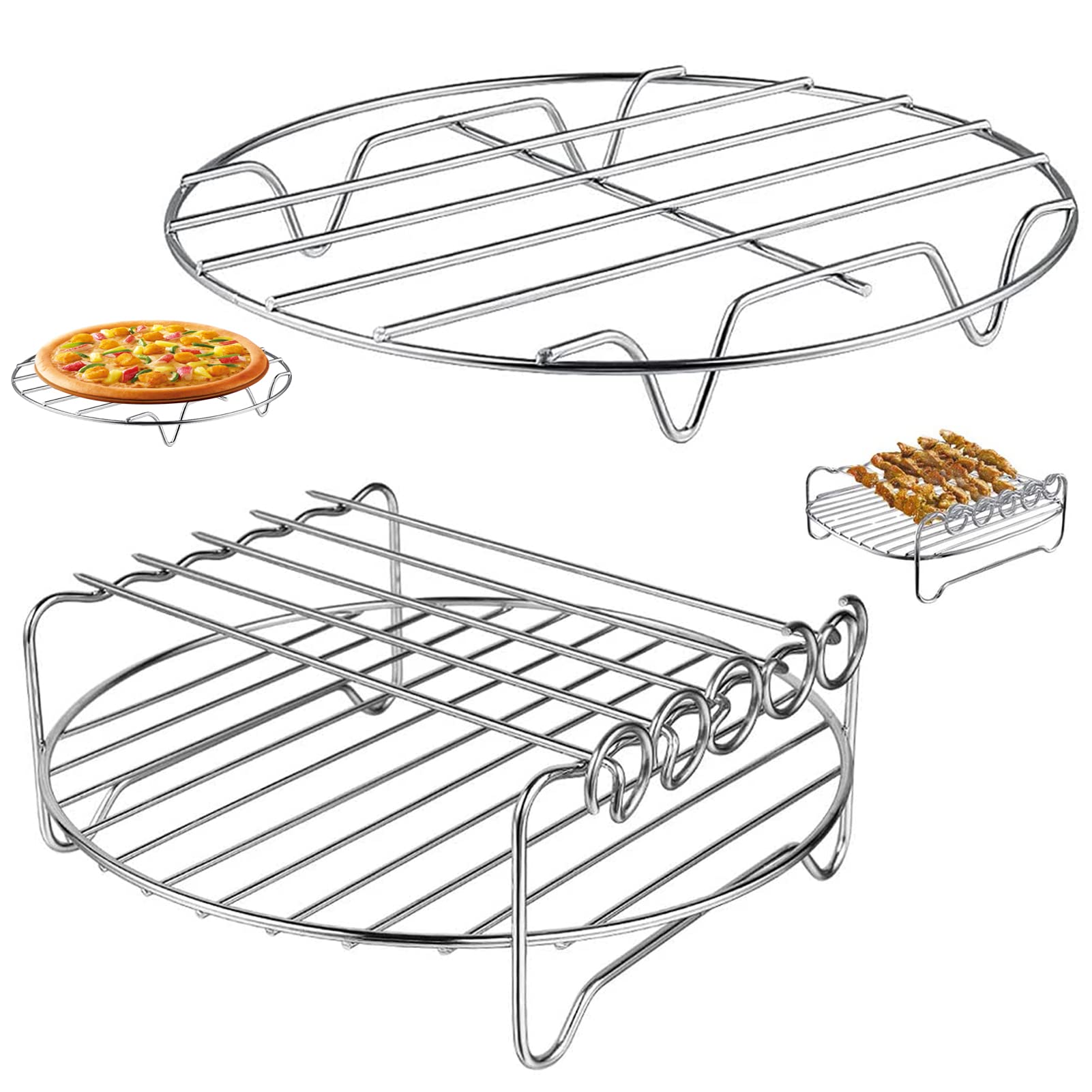 2-Pack Air Fryer Rack Set - Double Layer Metal Wire Rack with Skewers for Ninja, Power XL, Cosori, Instant Pot, Gourmia & Chefman - Multi-Purpose Dishwasher Safe Air Fryer Accessories - Perfect for Roasting, Baking & Grilling in Air Fryer Ovens