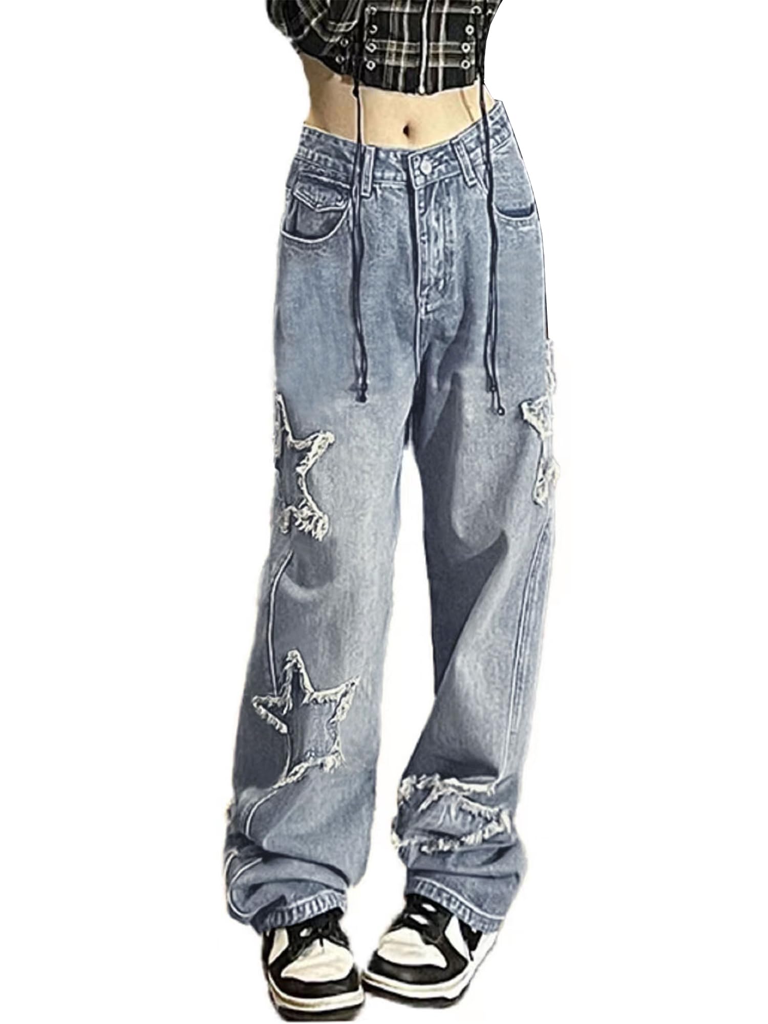 Y2K Emo Star Cargo Jeans for Women - Trendy Distressed Denim Pants with Multiple Pockets | Perfect for Teen Girls, Streetwear Fashion, Concerts & Casual Outfits