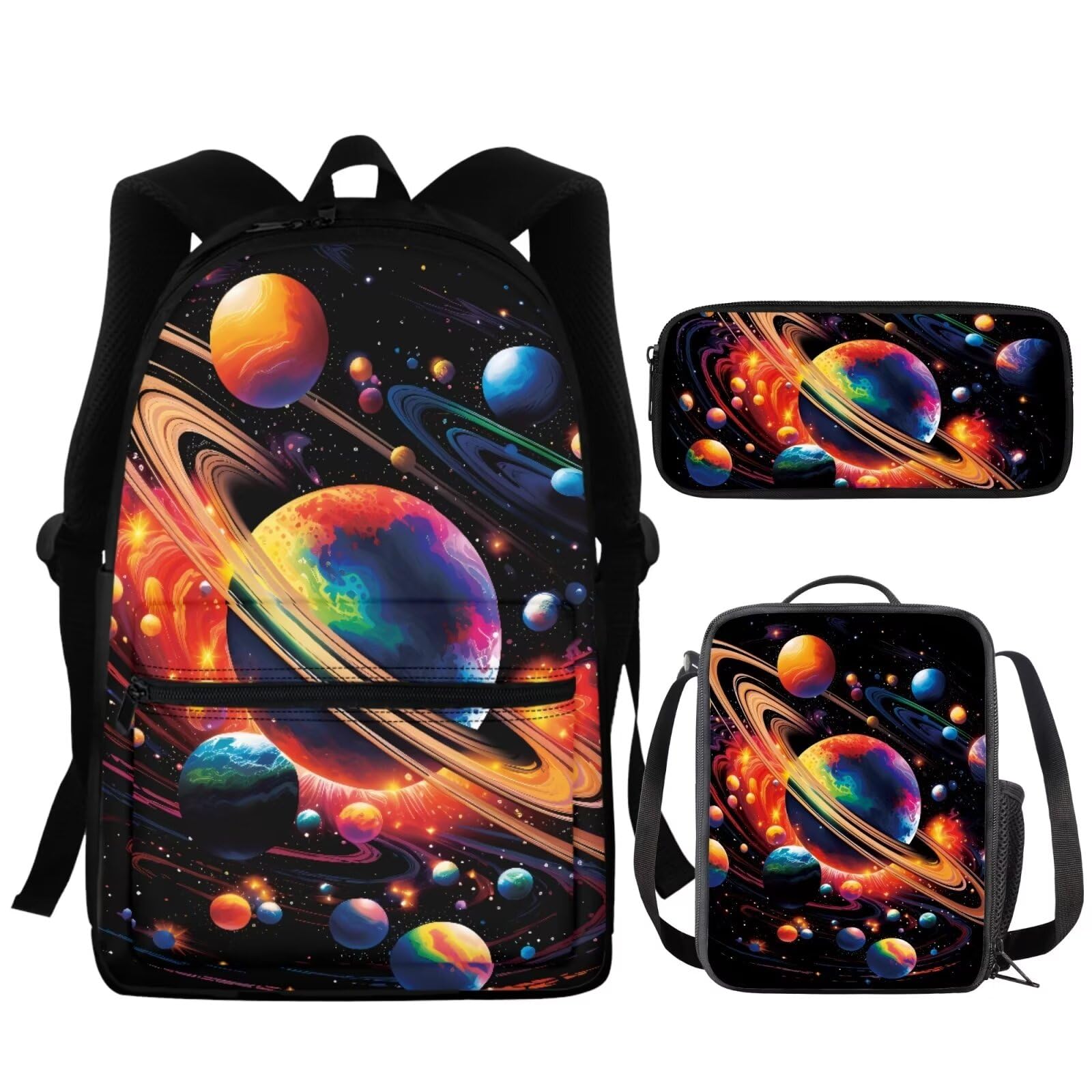 Planets Themed 3-in-1 Kids Backpack Set for Boys & Girls - School Bag with Lunch Box & Pencil Case for Preschool, Kindergarten, Travel & Outdoor Activities | Durable Bookbag for Teens & Children
