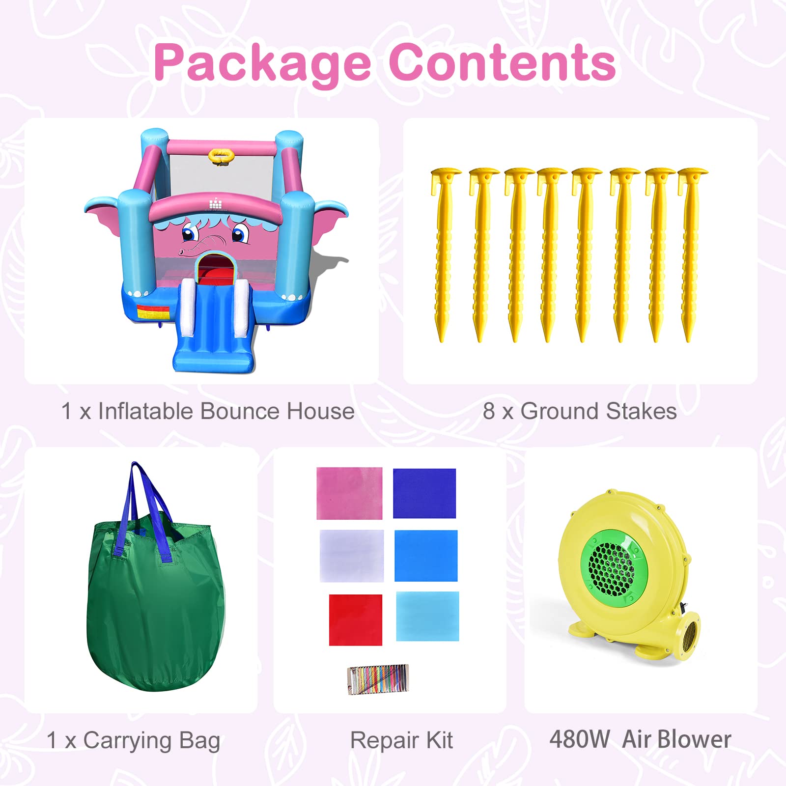 Costzon Inflatable Bounce House with 480W Blower - Elephant Theme Bouncy Castle for Kids Indoor/Outdoor Play, Birthday Parties & Backyard Fun | Includes Basketball Hoop | Portable Toddler Jumping Castle for Family Gatherings & Outdoor Activities