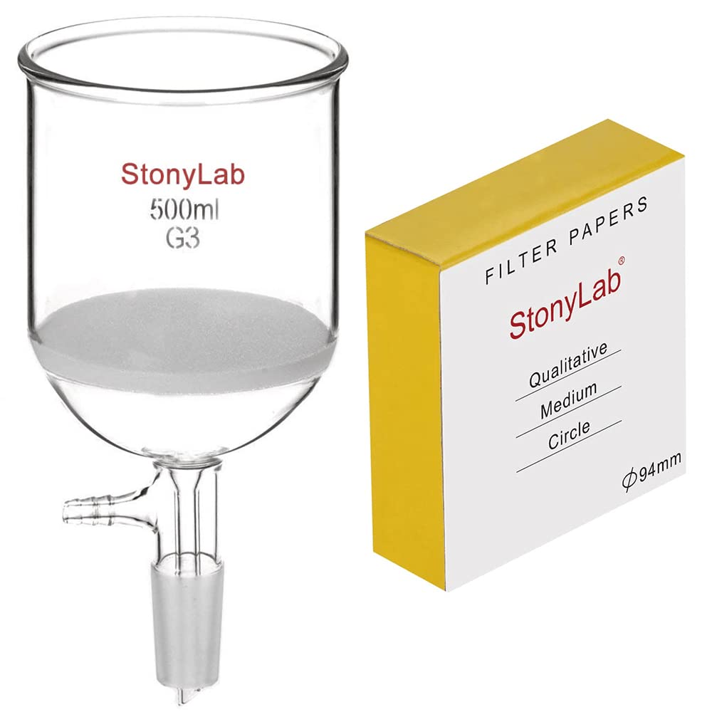 Stonylab 500ml Glass Buchner Funnel with G3 Fine Frit & 24/40 Joint + 100-Pack 94mm Cellulose Filter Papers - Laboratory Filtration Kit for Chemistry, Home Brewing & Essential Oil Distillation