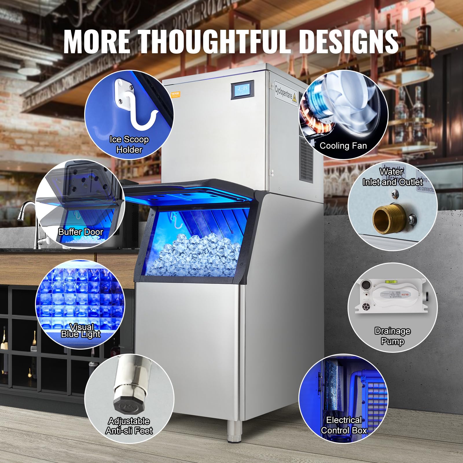 VEVOR Commercial Ice Maker Machine 400LBS/24H with 330.7LBS Storage Bin, 800W Self-Cleaning, 3.5