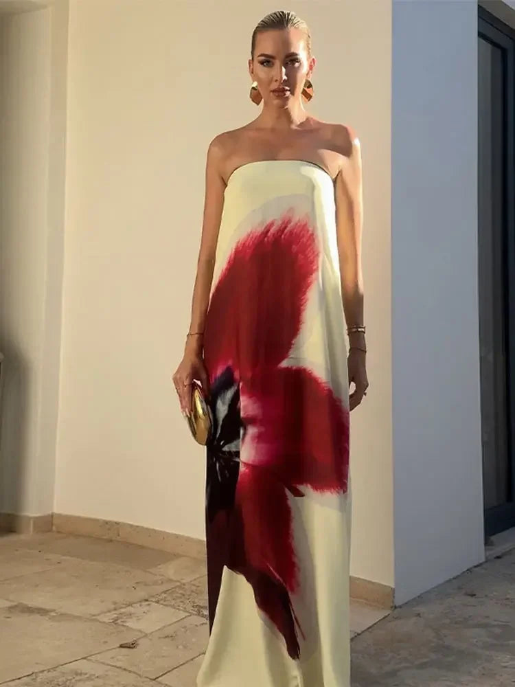 2025 Floral Print Strapless Maxi Dress for Women - Sexy Off Shoulder Sleeveless Backless Party Gown | Perfect for Summer Weddings, Beach Vacations & Evening Events
