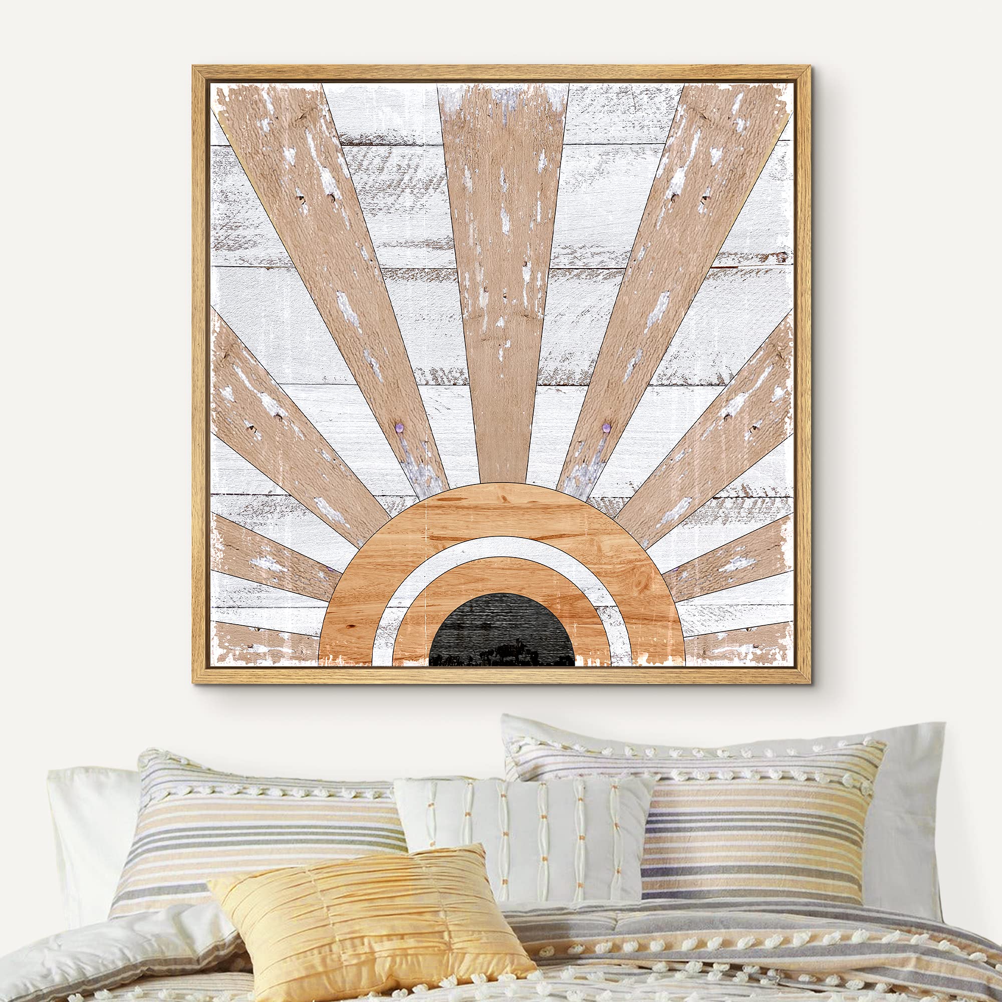 IDEA4WALL Framed Canvas Print - Western Decor Shining Sunlight Woodblock Art, Abstract Geometric Wood Panels, Modern Bohemian Warm Design for Living Room, Bedroom, Office - 16