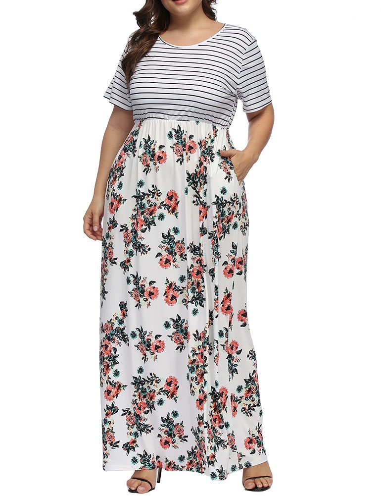 ALLEGRACE Plus Size Floral Print Maxi Dress for Women - Elegant Casual Summer & Fall Dresses with Pockets | Perfect for Beach Vacations, Date Nights & Office Wear