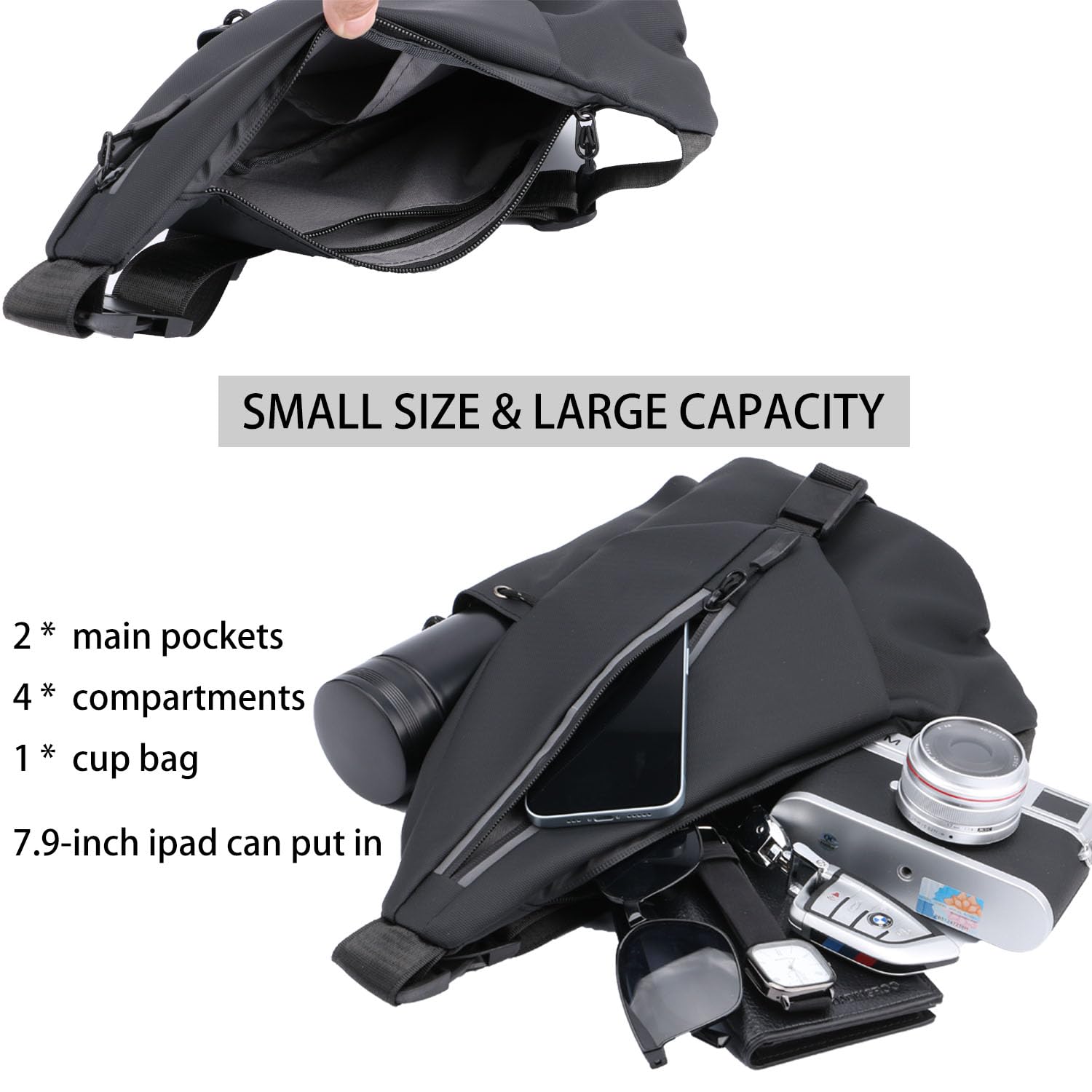 Waterproof Crossbody Sling Bag for Men & Women - Reflective Shoulder Chest Waist Pack with Water Bottle Holder - Ideal for Travel, Gym, Hiking & Cycling
