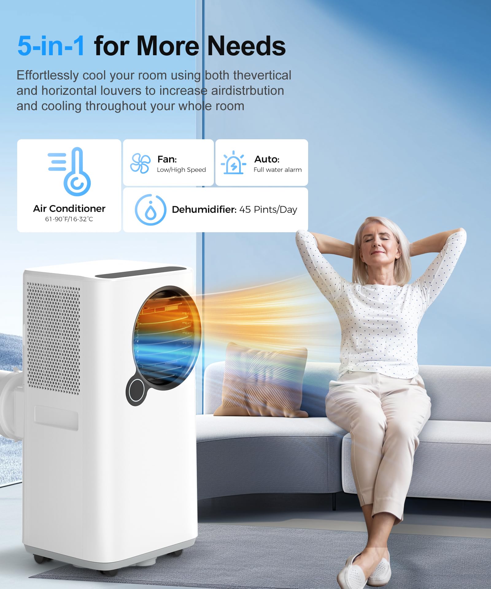 Portable Air Conditioner with Cooling, Heating, Fan & Dehumidifier - 24H Timer, Remote/APP Control, Smart/Sleep Mode, 3 Fan Speeds, Auto Swing - Perfect for Bedrooms, Living Rooms & Home Offices