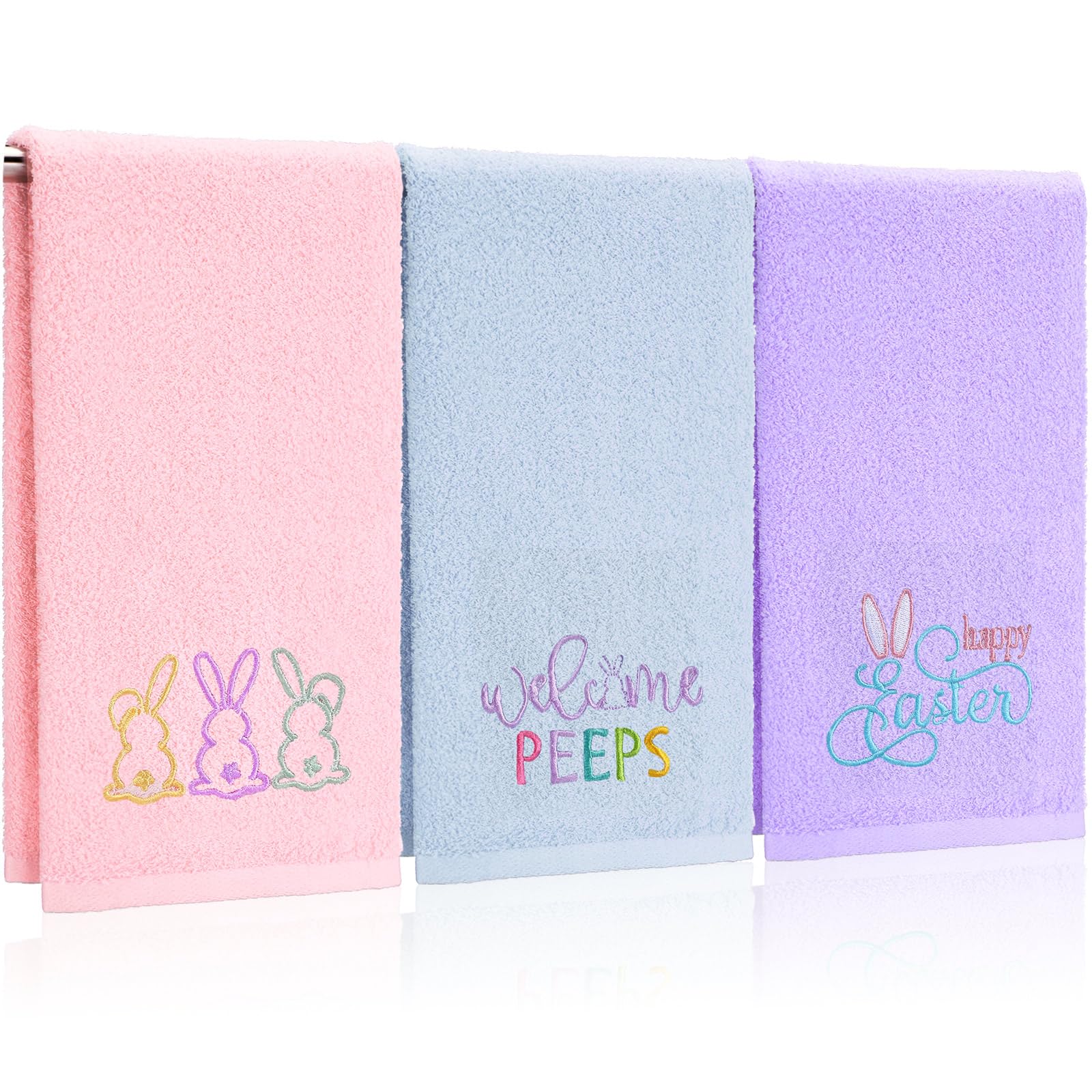 3 Pack Easter Hand Towels - 13.4 x 29.2 Inch Cotton Embroidered Happy Easter Bunny Kitchen & Bathroom Towels - Absorbent Decorative Hand Towels for Drying, Cleaning, Gift Giving - Perfect for Easter Decor, Spring Home Decor & Holiday Hostess Gifts