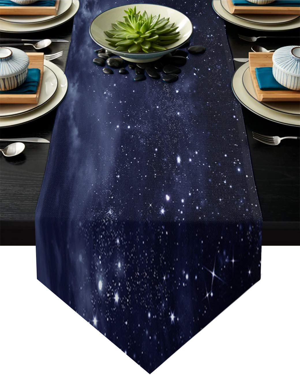 Celestial Night Sky Star Table Runner - 13x70 Inch Dark Blue Cotton Table Cover for Dining, Kitchen, Wedding & Party Decor - Perfect for Indoor and Outdoor Events, Holiday Gatherings & Romantic Dinner Settings