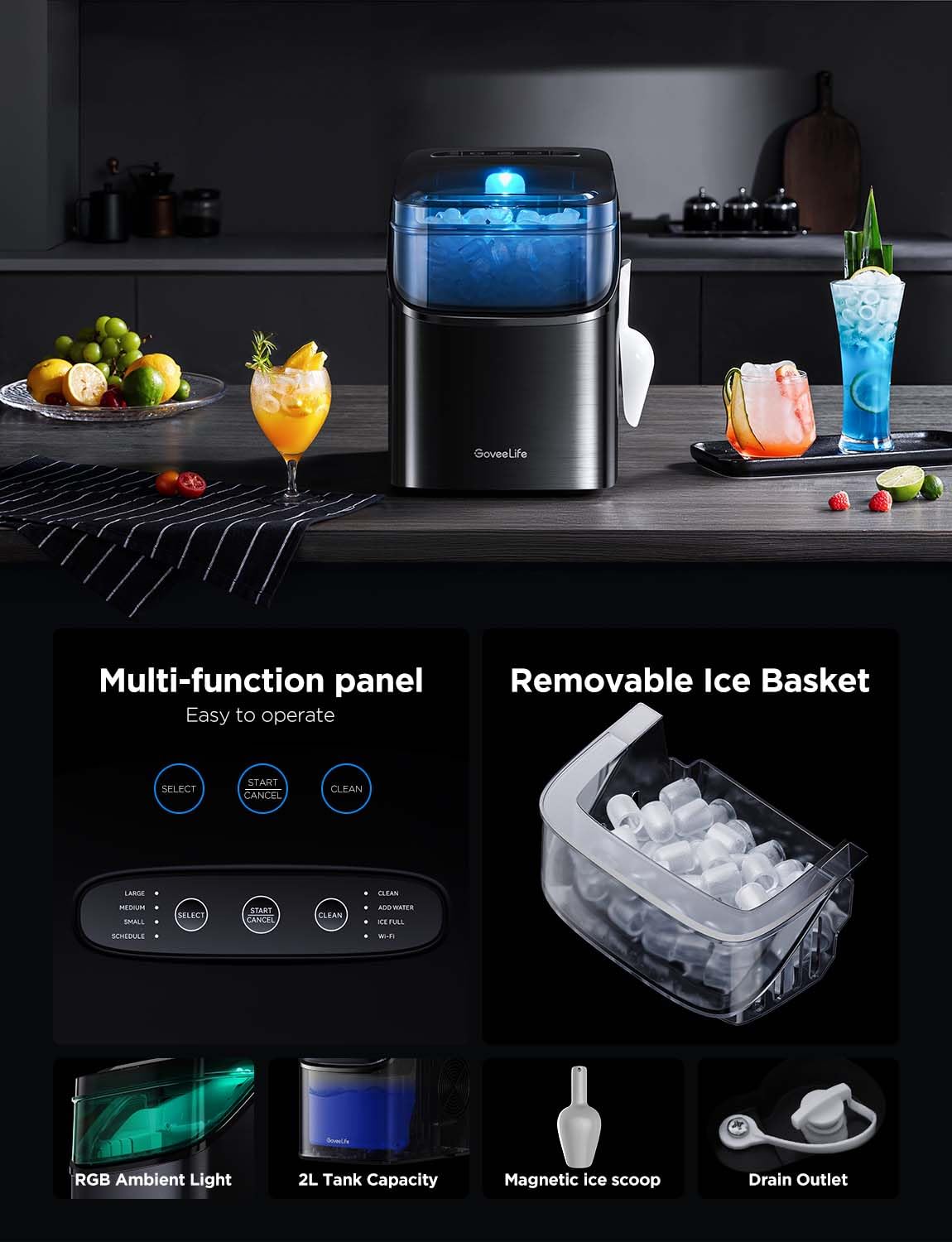 GoveeLife Smart Countertop Ice Maker Machine - Portable Ice Cube Maker with Voice Control, 9 Cubes in 6 Mins, 26lbs/24Hrs, 3 Size Options, Self-Cleaning & RGB Lights, Ultra Quiet - Perfect for Kitchen, Home Bar, RV & Office Use (Black)