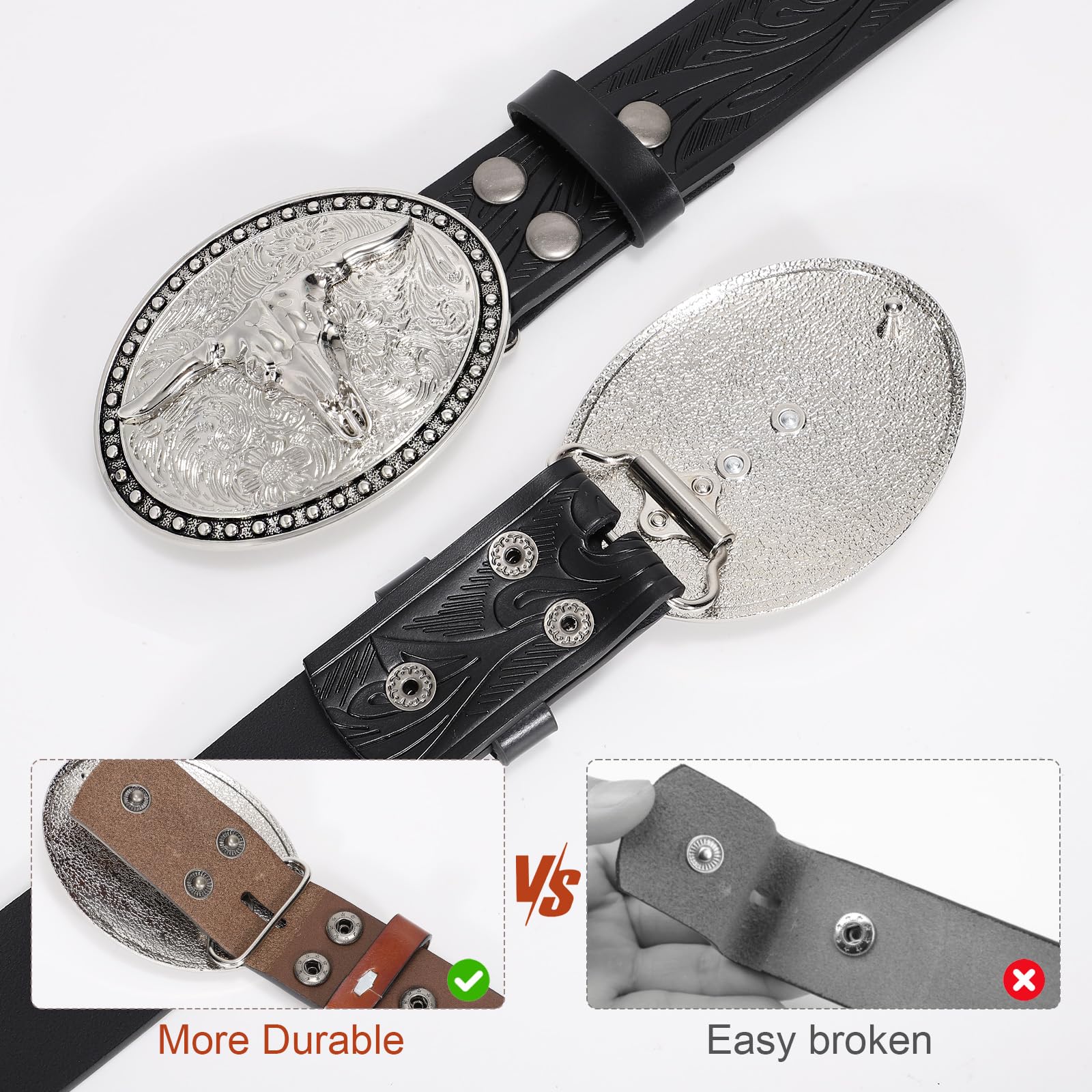 SANSTHS Western Cowboy Leather Belt for Men & Women - Bull Buckle Embossed Design - Durable Leather Belt for Jeans & Western Wear | Perfect for Rodeo, Country Music Festivals & Casual Outfits
