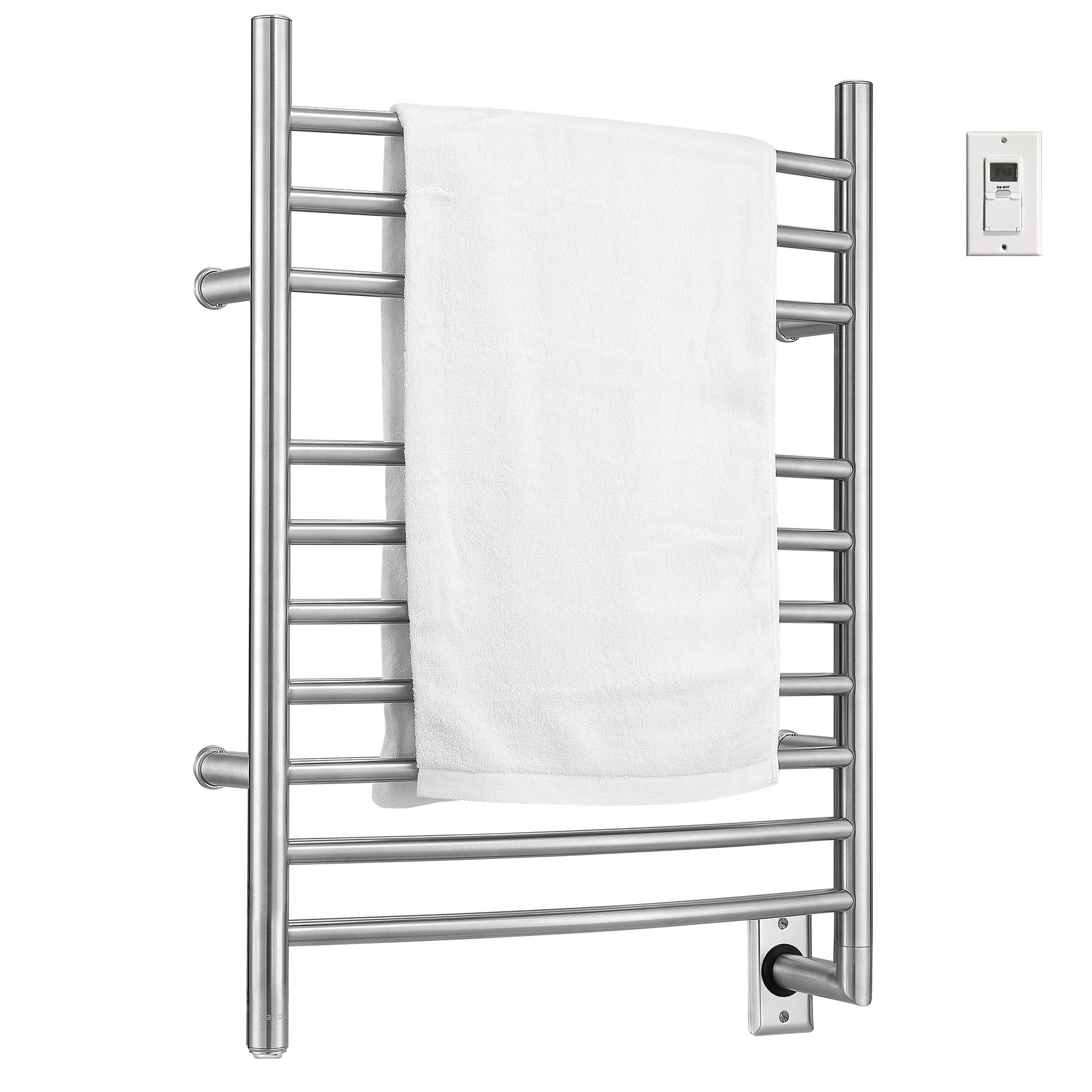 Ancona Comfort 10 Bar Hardwired Wall Mount Towel Warmer with Timer - Brushed Stainless Steel Bathroom Heater for Spa, Luxury Home & Hotel Use