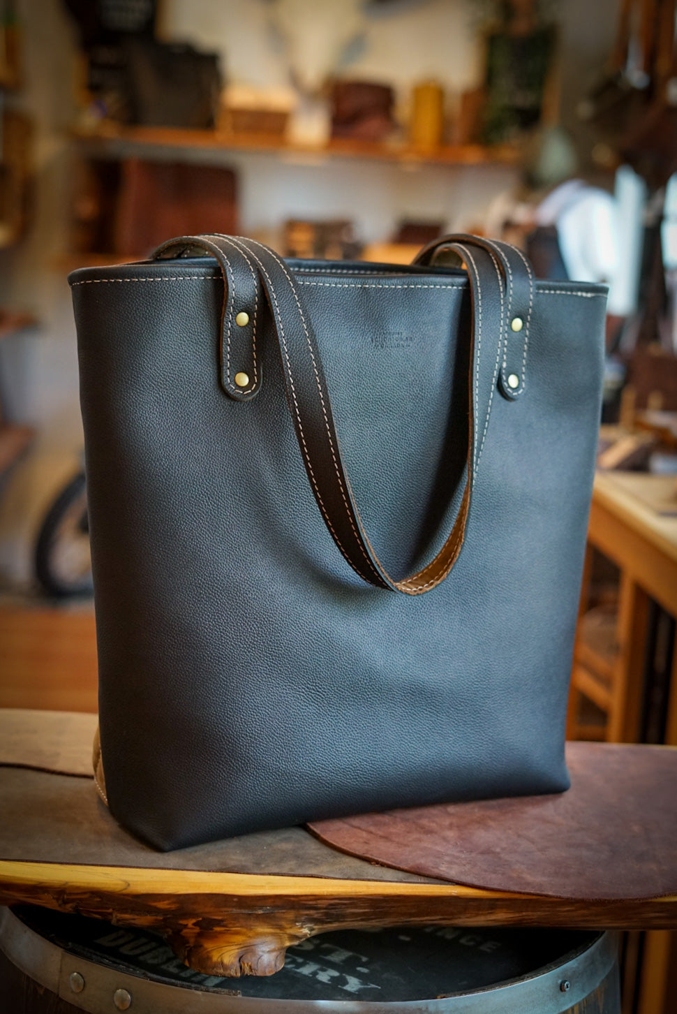 Premium Diamond Stitch Tote Bag - Pebbled Black & Crazyhorse Brown Leather - Stylish & Durable Handbag for Work, Travel & Shopping