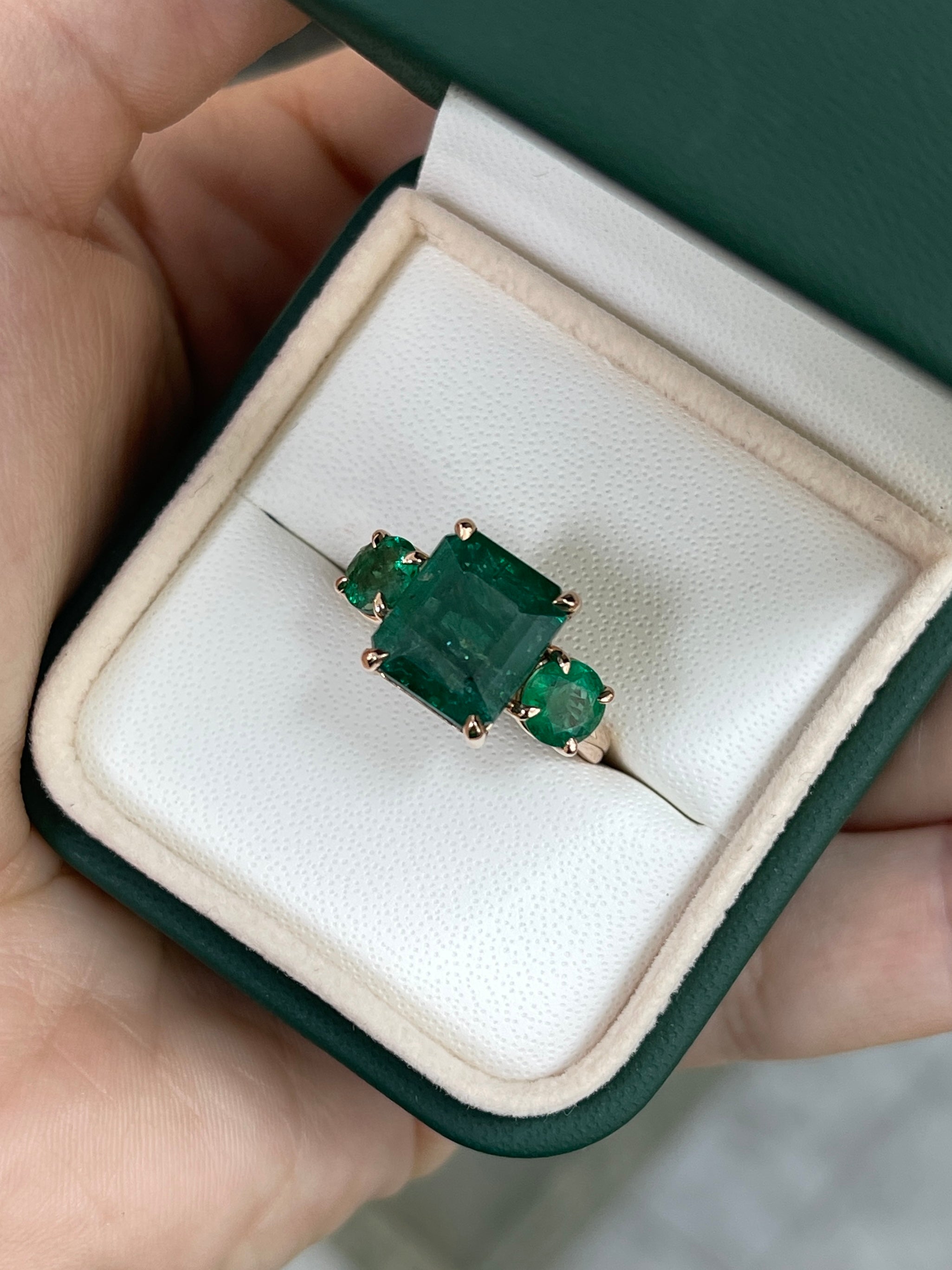 6.90tcw Natural Emerald Gemstone - Emerald Cut & Round Cut Three Stone 14K Rose Gold Engagement Ring for Women | Elegant Wedding, Anniversary & Proposal Jewelry Gift