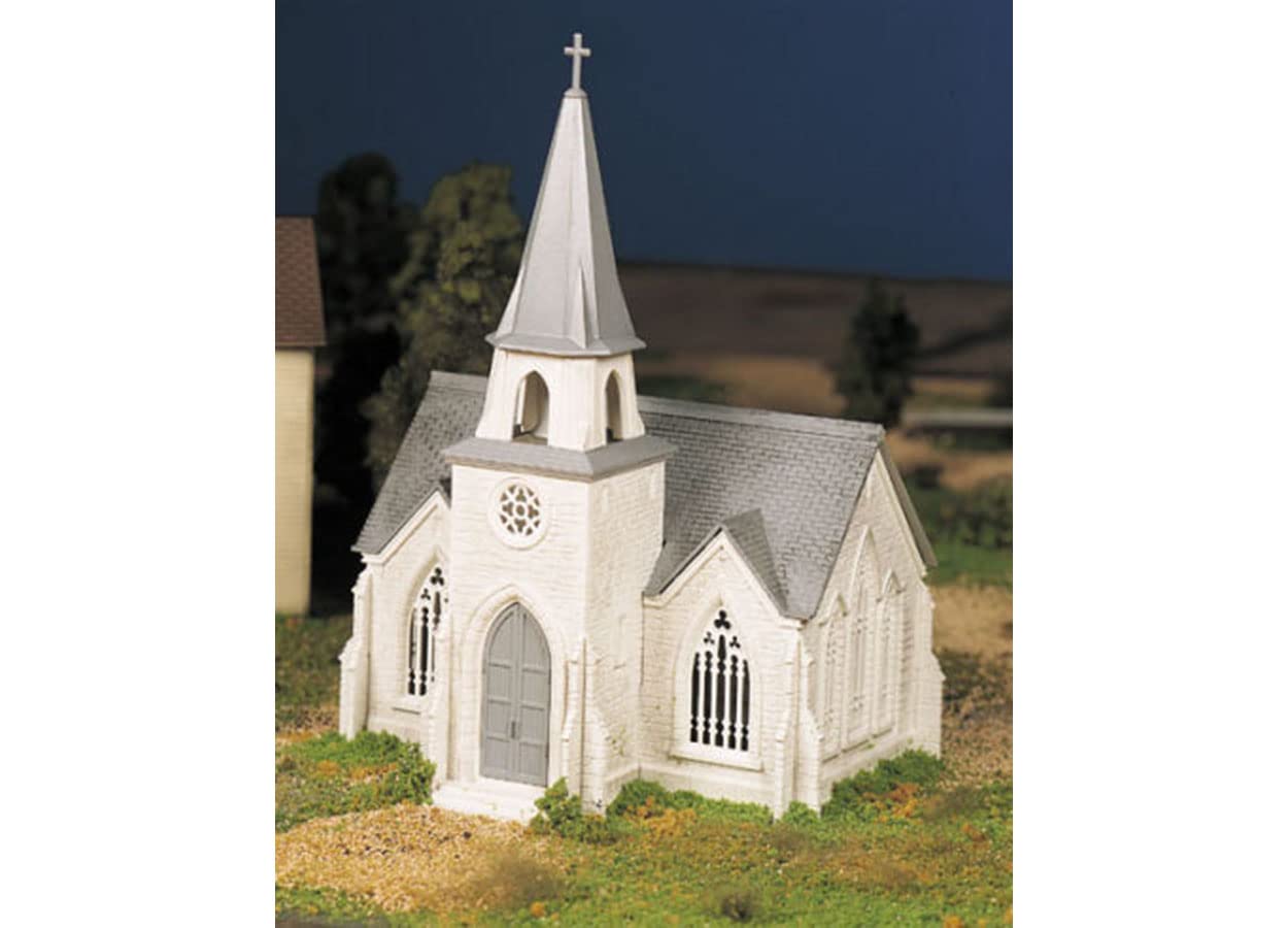 Bachmann 45981 O-Scale Cathedral Snap-Kit White and Gray Plasticville Model Building Kit - Perfect for Train Set Dioramas & Christmas Village Displays