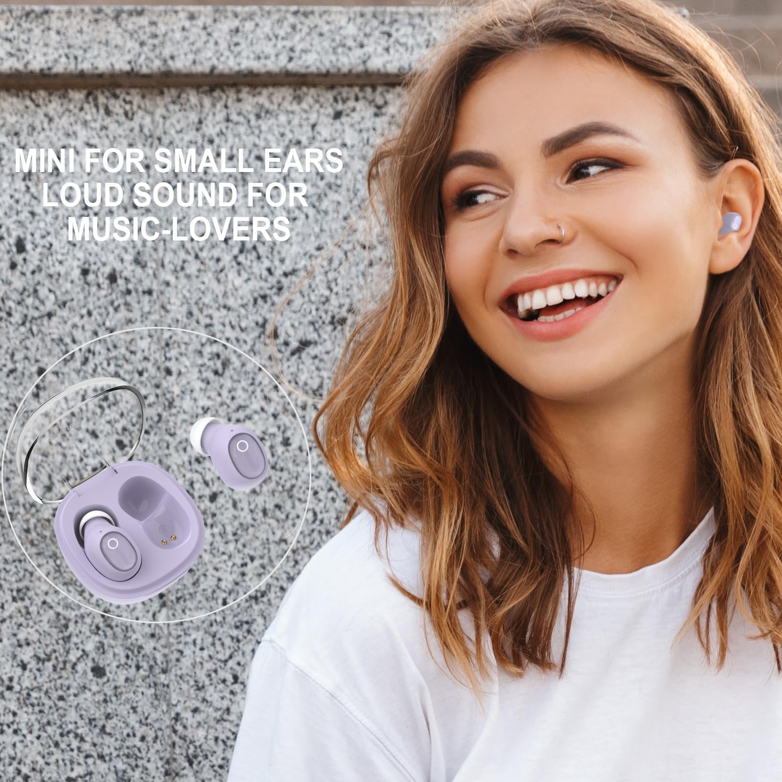 Eleror Wireless Earbuds for Small Ears - Purple Bluetooth Earbuds for Small Ear Canals, Mini Wireless Earbuds for iPhone & Android with Mic - Perfect for Running, Workouts & Commuting