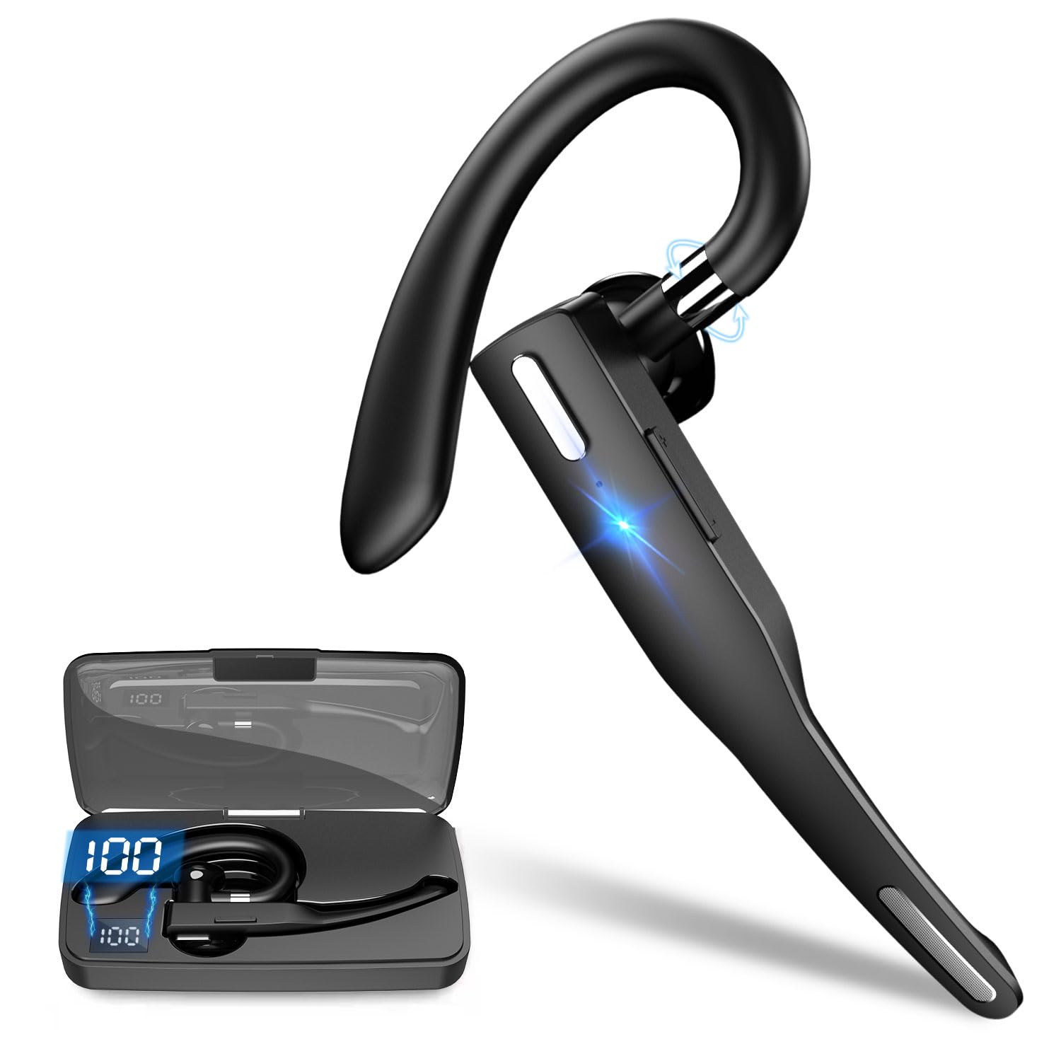 SHIJIAET Wireless Bluetooth Earpiece with 500mAh Charging Case - 72H Talk Time, Built-in Mic, V5.1 Bluetooth Headset for iPhone Android Smartphones - Hands-Free Headphones for Truck Drivers, Office Work, Commuting & Online Meetings