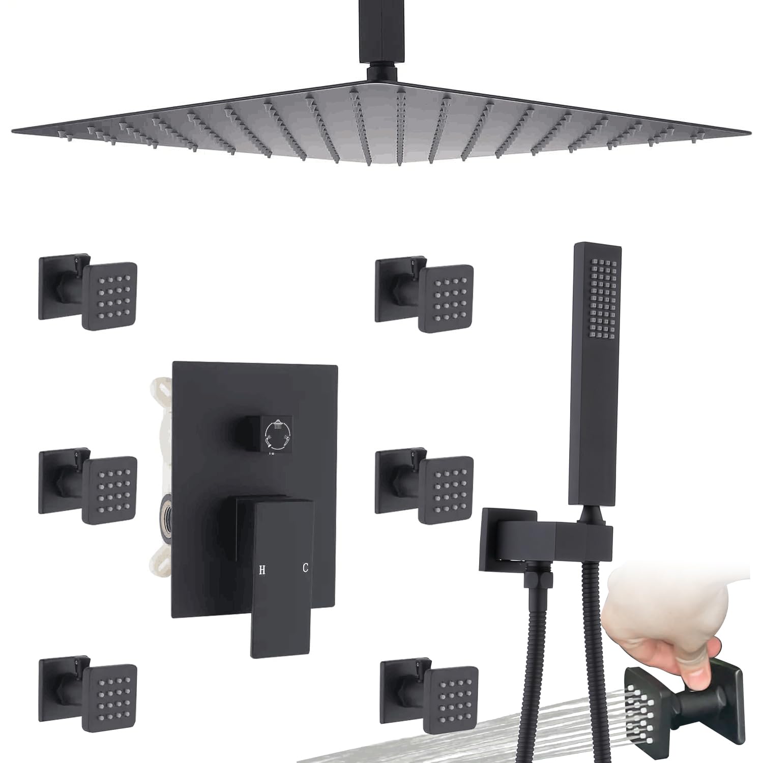 Enga 16-Inch Matte Black Shower System with Body Jets & Rain Shower Head - Adjustable On/Off Switch, Full Body Spray Massage - Perfect for Spa-Like Bathroom Experience & Luxury Home Renovation