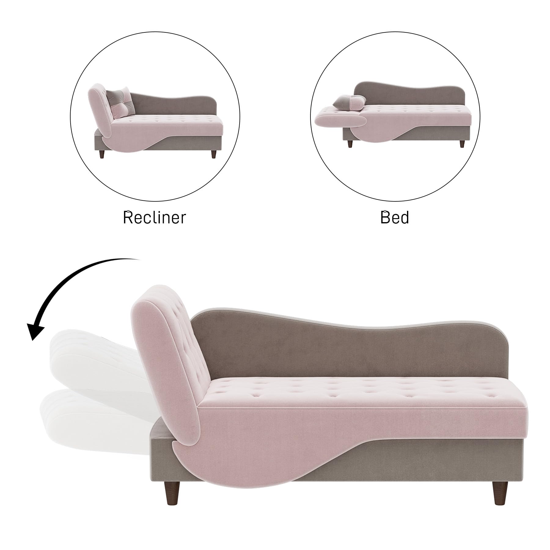 OUYESSIR Velvet Upholstered Adjustable Chaise Lounge Sofa with Storage & Pillow - Button Tufted Recliner for Living Room, Bedroom, Office (Pink/Gray) - Perfect for Small Space, Reading Nook & Home Theater Seating