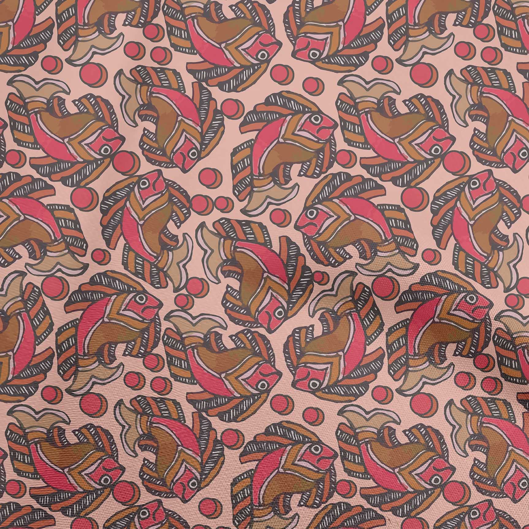 oneOone Georgette Viscose Rose Pink Kalamkari Fish Print Fabric by The Yard - 42 Inch Wide Floral Dress Material for Sarees, Kurtis & Home Decor