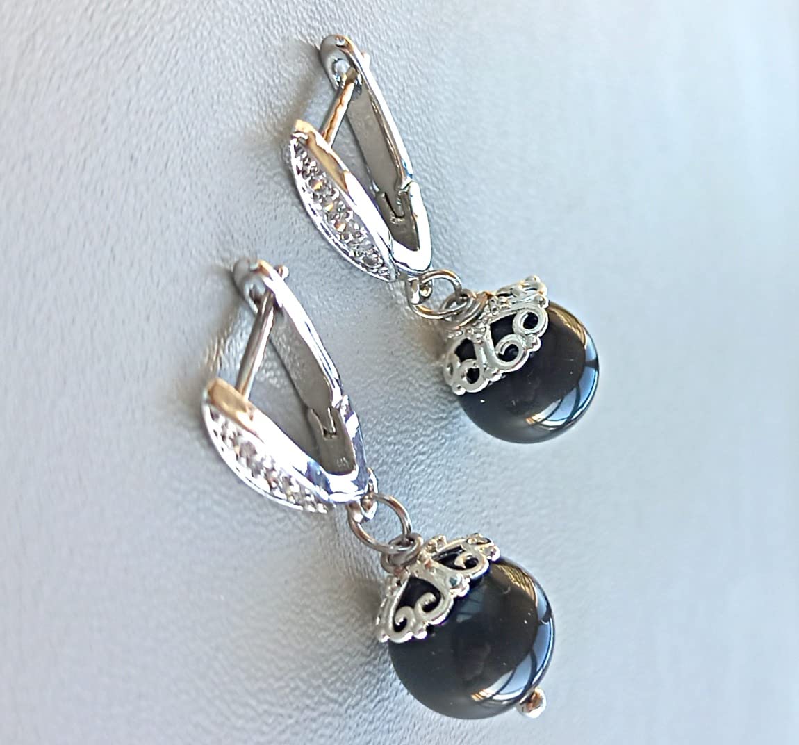 Black Obsidian Earrings for Women - Handmade Natural Gemstone Dangle Drop Earrings - Black Beaded Earrings with Cubic Zirconia - Perfect for Everyday Wear, Office, Parties & Special Occasions