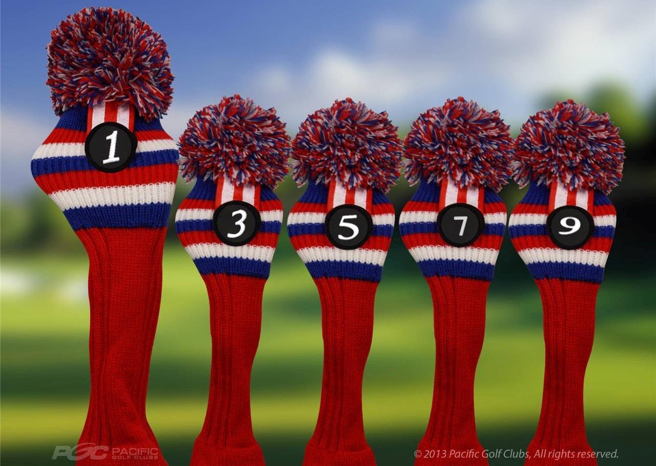 Vintage Knit Golf Club Head Covers Set (1,3,5,7,9) - Red White & Blue Retro Pom Pom Design | Perfect for Classic Golf Bags & Throwback Style on the Course
