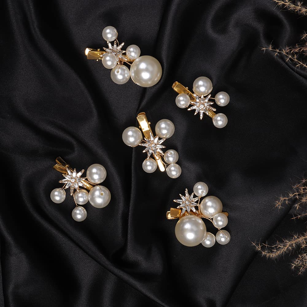 Jumwrit Pearl Hair Clips Set - 5PCS Wedding Rhinestone Crystal Bridal Hairpins, Handmade Flower Hair Accessories for Women & Girls (Gold) | Perfect for Brides, Bridesmaids, Prom, Parties & Special Occasions