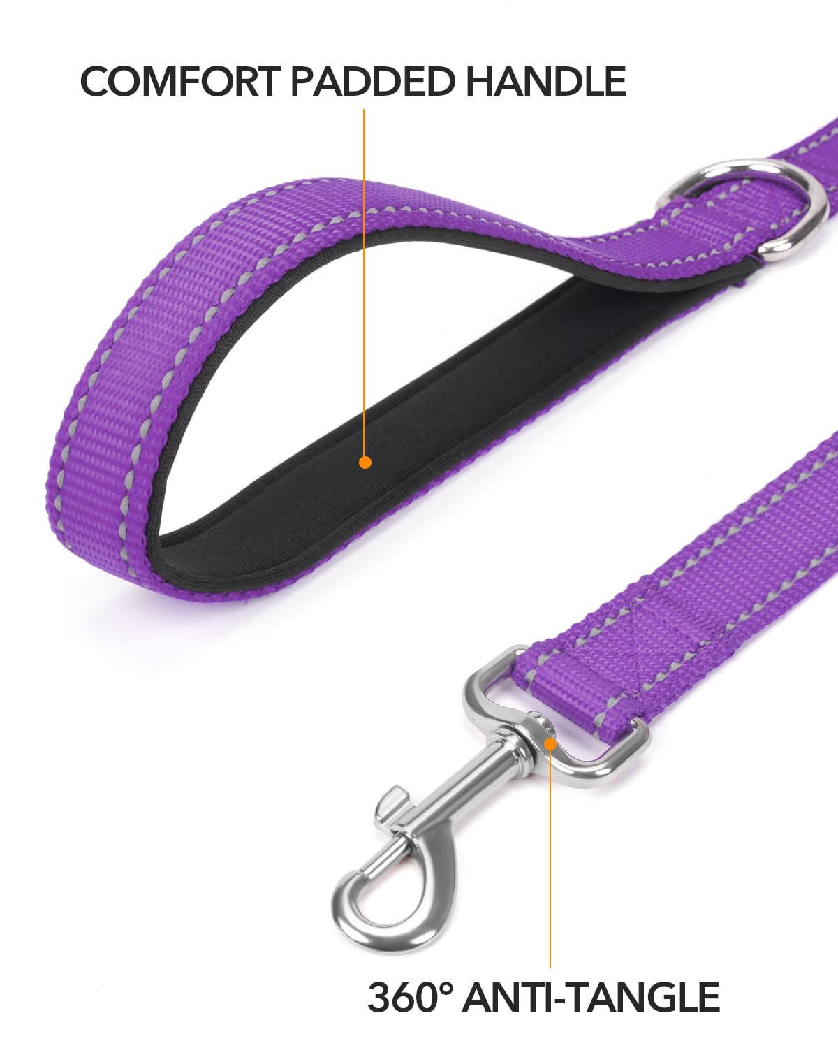 Premium Reflective Dog Leash for Medium & Large Breeds (20-150 lbs) - 4ft Neoprene-Padded Handle & Double-Sided Safety Design - Durable 1-Inch Wide Purple Leash for Walking, Running & Nighttime Visibility