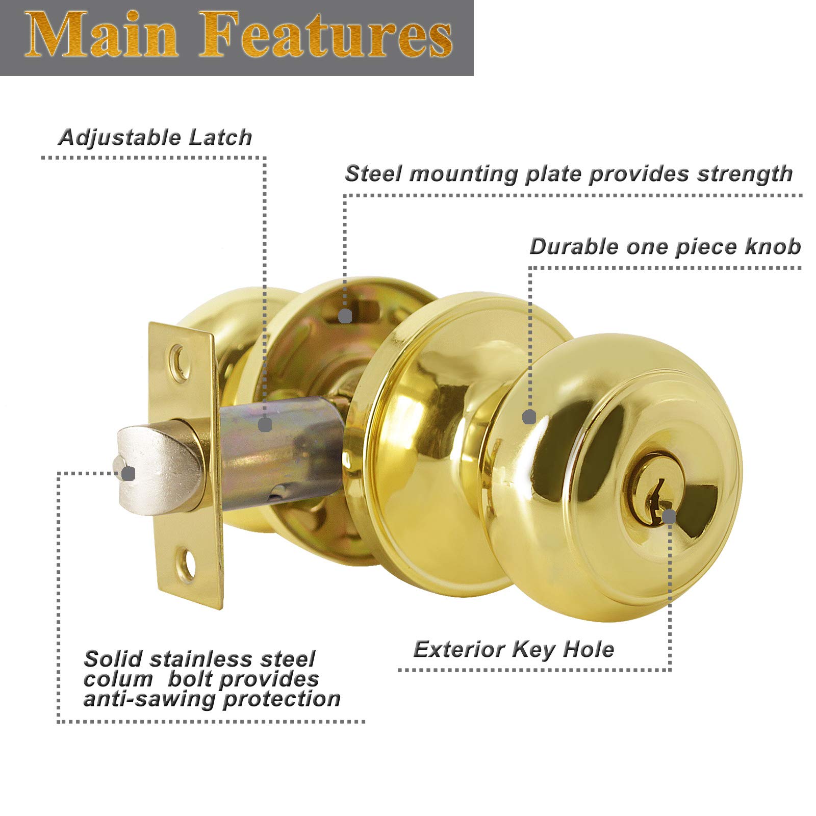 Probrico Keyed Entry Door Knob with Lock - Polished Brass Flat Ball Design for Exterior & Interior Doors (Front/Back) - Secure Home & Office Entry - 1 Pack - Perfect for Residential Homes, Apartments, and Commercial Buildings