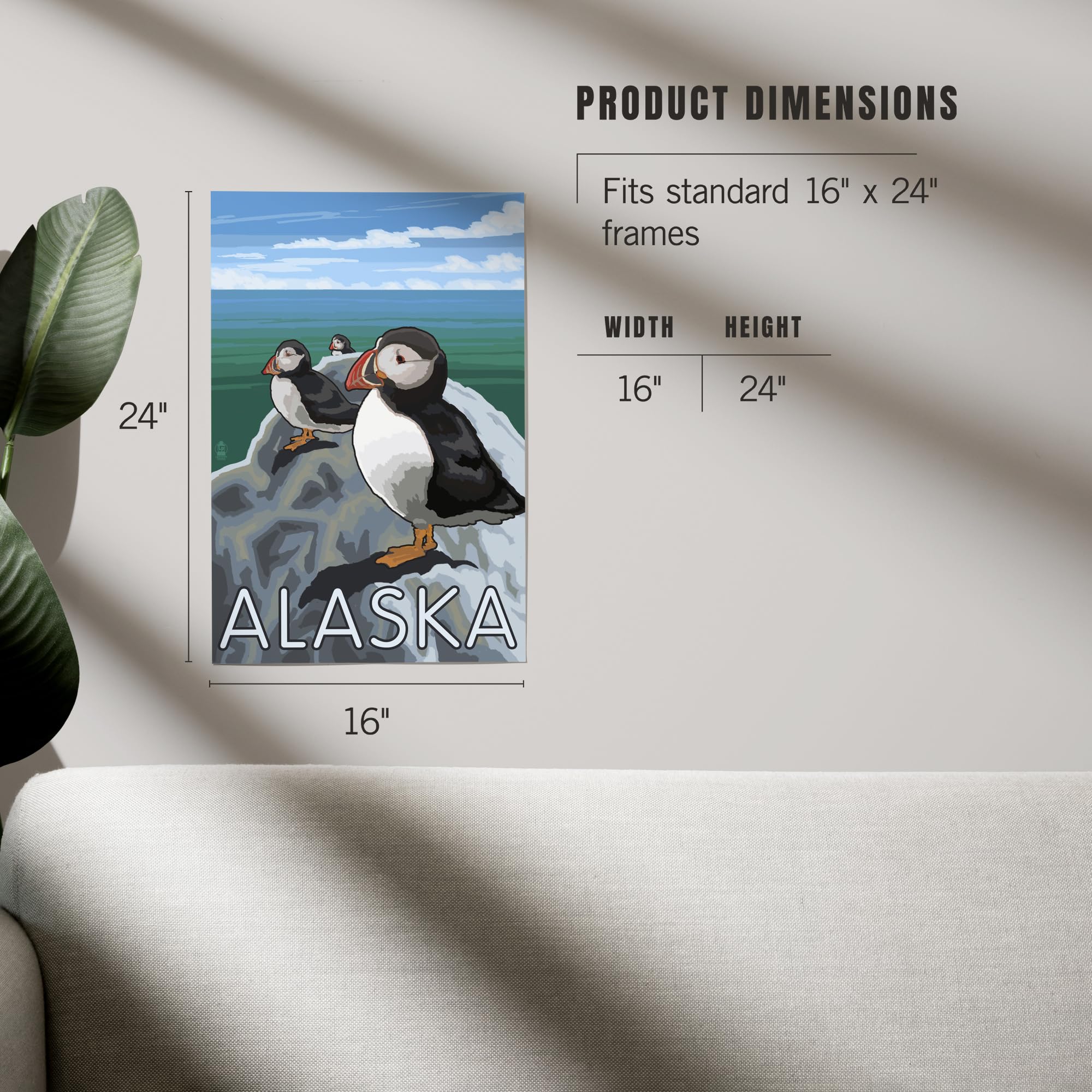 Lantern Press 16x24 Inch Giclee Print - Alaska Puffins on Rock Wall Art - Perfect for Living Room, Bedroom & Office Decor