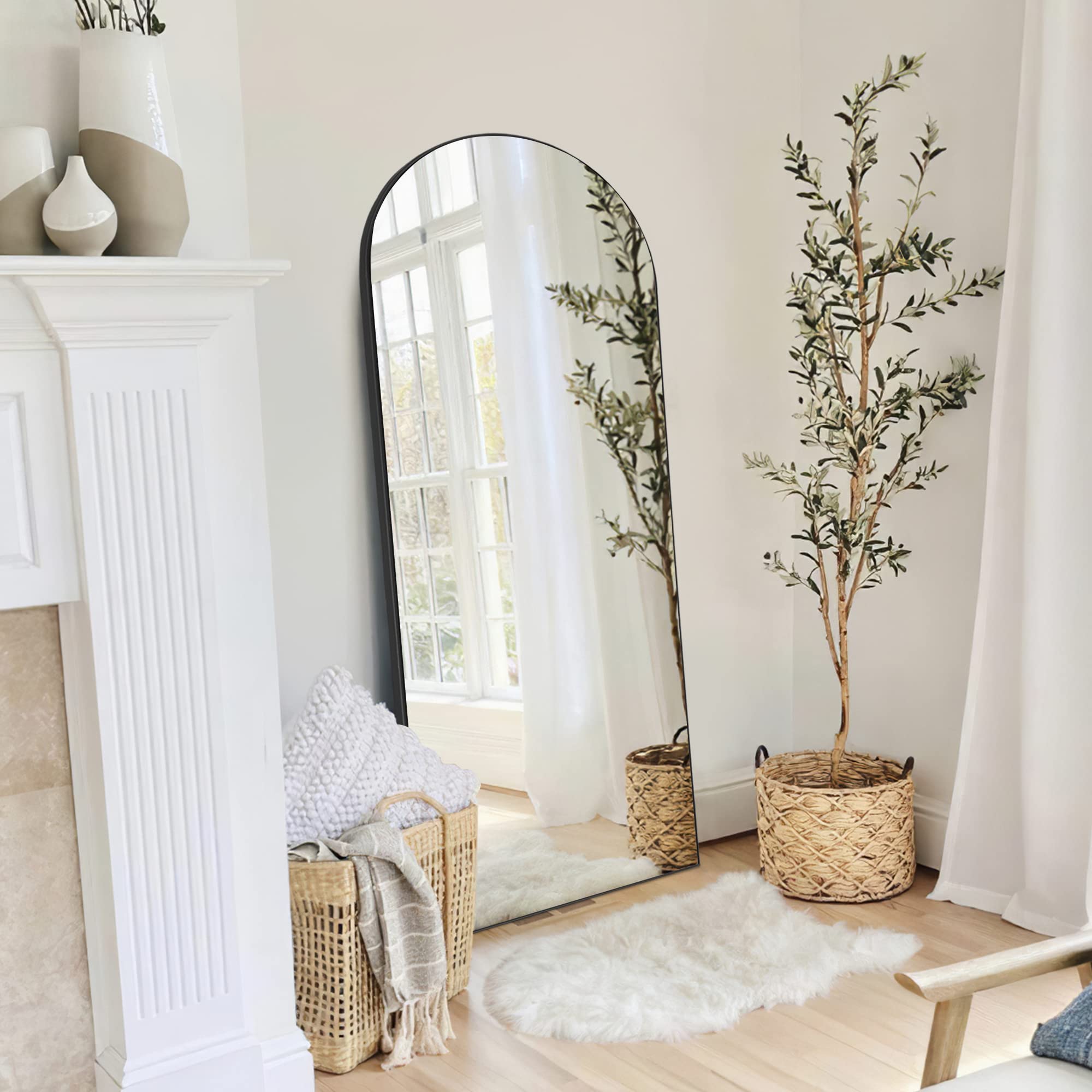 NeuType 65x22 Inch Arched Full Length Mirror - Large Wood Frame Floor Mirror for Bedroom, Wall Mounted or Freestanding - Elegant Black Arched Shape Mirror for Dressing Room, Entryway & Home Decor