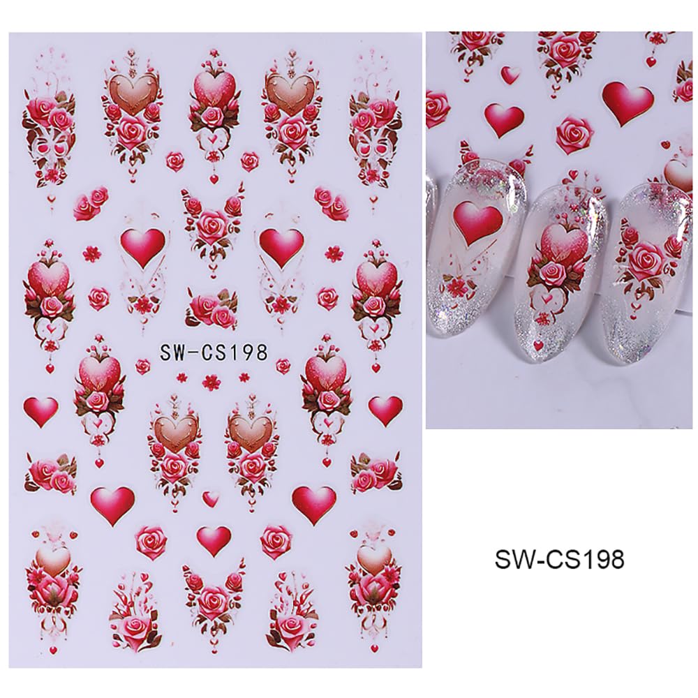 3D Valentine's Day Heart Nail Stickers - 6PCS Self-Adhesive Rose Flower Nail Art Decals for Women | Perfect for Valentine's Day, Date Nights, Bridal Showers & Romantic Occasions