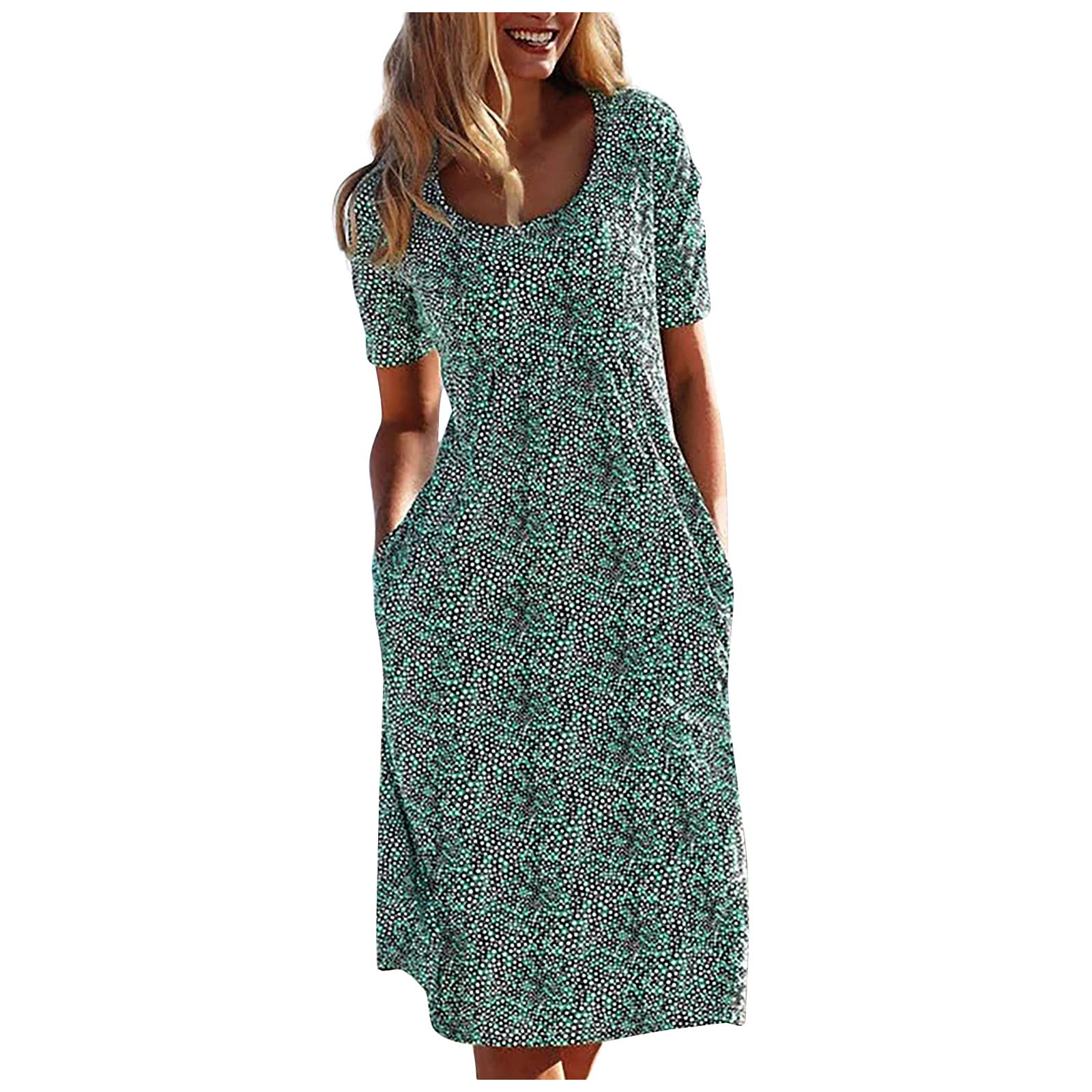 GBSELL Women's Casual Short Dress with Pockets - Trendy V-Neck Printed Sleeve Summer Dress for Outfits, Beach, Party & Daily Wear