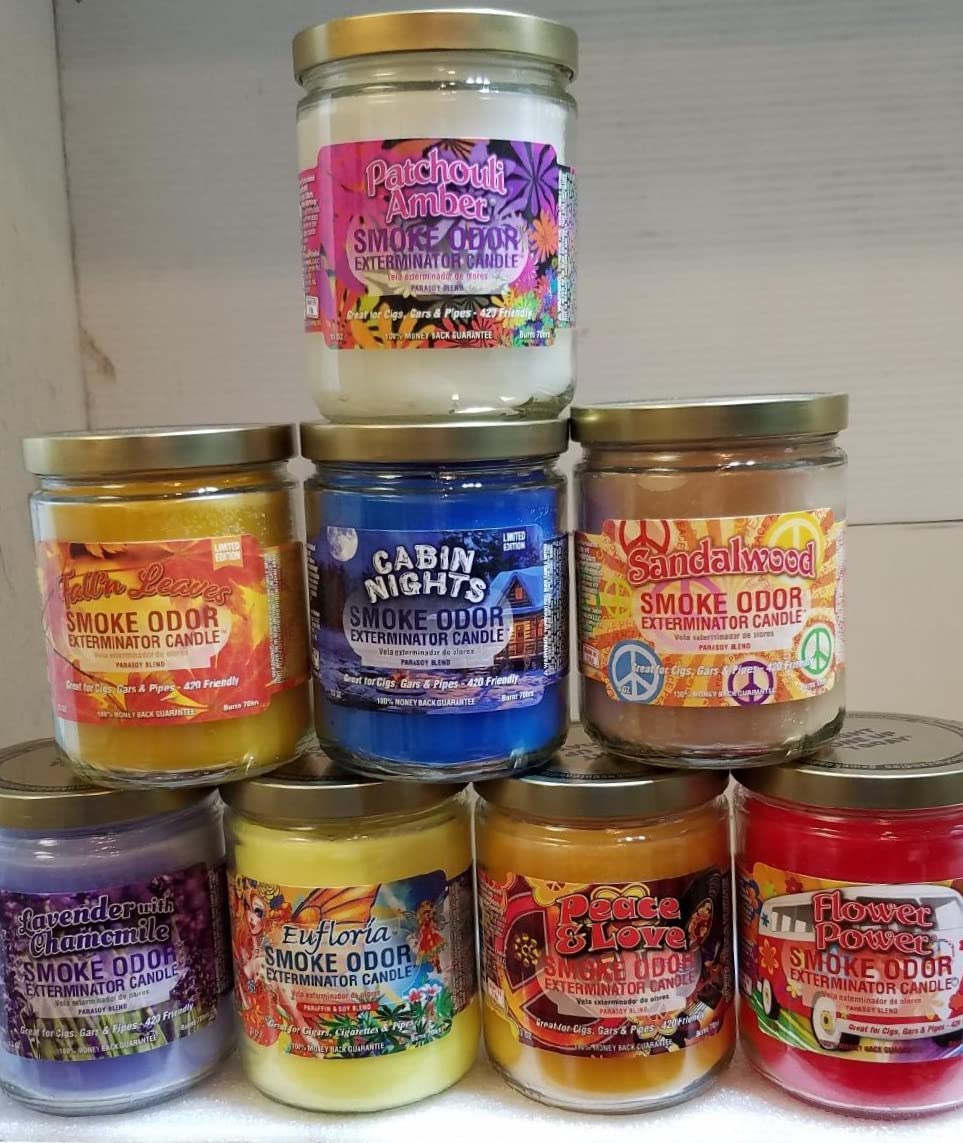 Smoke Odor Eliminator Candle - 13oz Jar with 8 Scents (Patchouli Amber, Lavender, Fall Leaves, Peace & Love, Flower Power, Cabin Nights, Eufloria, Sandalwood) - Home Air Freshener for Living Room, Bedroom & Bathroom