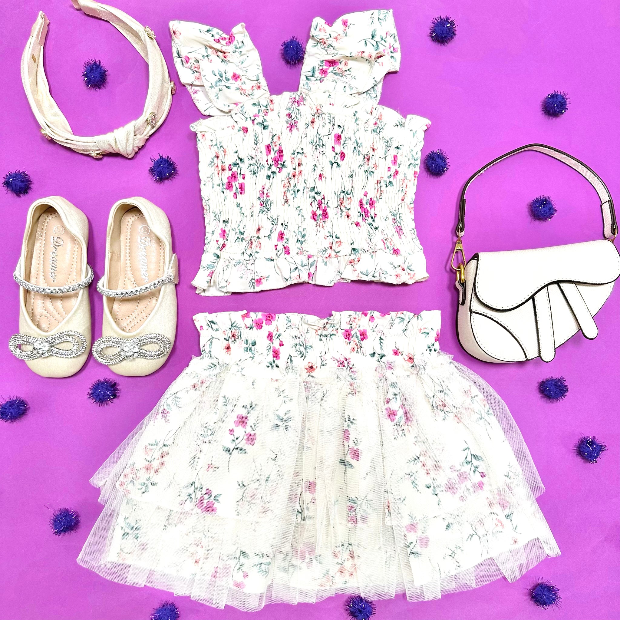 Floral Smocked Top and Tutu Skirt Set for Girls - Elegant Ruffle Dress Outfit for Birthday, Photo Shoot & Special Occasions