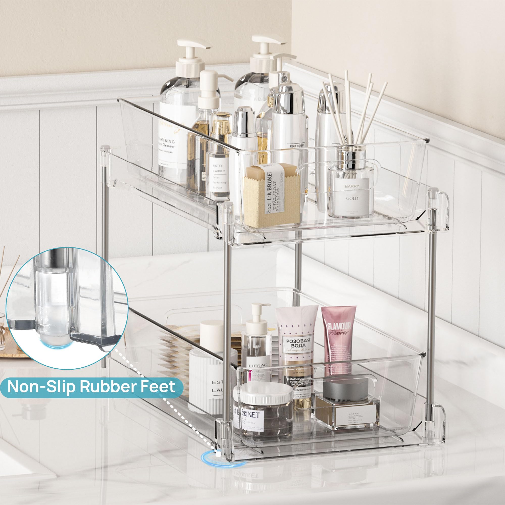 Vtopmart 2-Tier Bathroom Storage Organizer Set of 2, Clear Under Sink Organizer with Pull-Out Drawers for Vanity Counter & Cabinet - Space Saving Solution for Bathroom, Kitchen & Pantry Organization