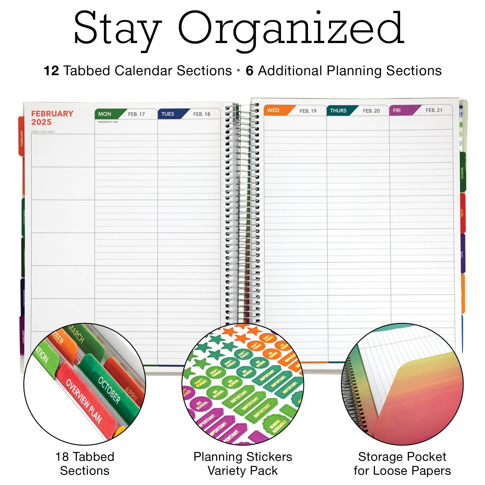 2024-2025 Teacher Planner - 8.5x11 Dated Academic Calendar with Weekly/Monthly Organizer, 7 Period Lesson Plan, Pocket Folder & Stickers - Watercolor Design for Classroom Organization & Teacher Gifts