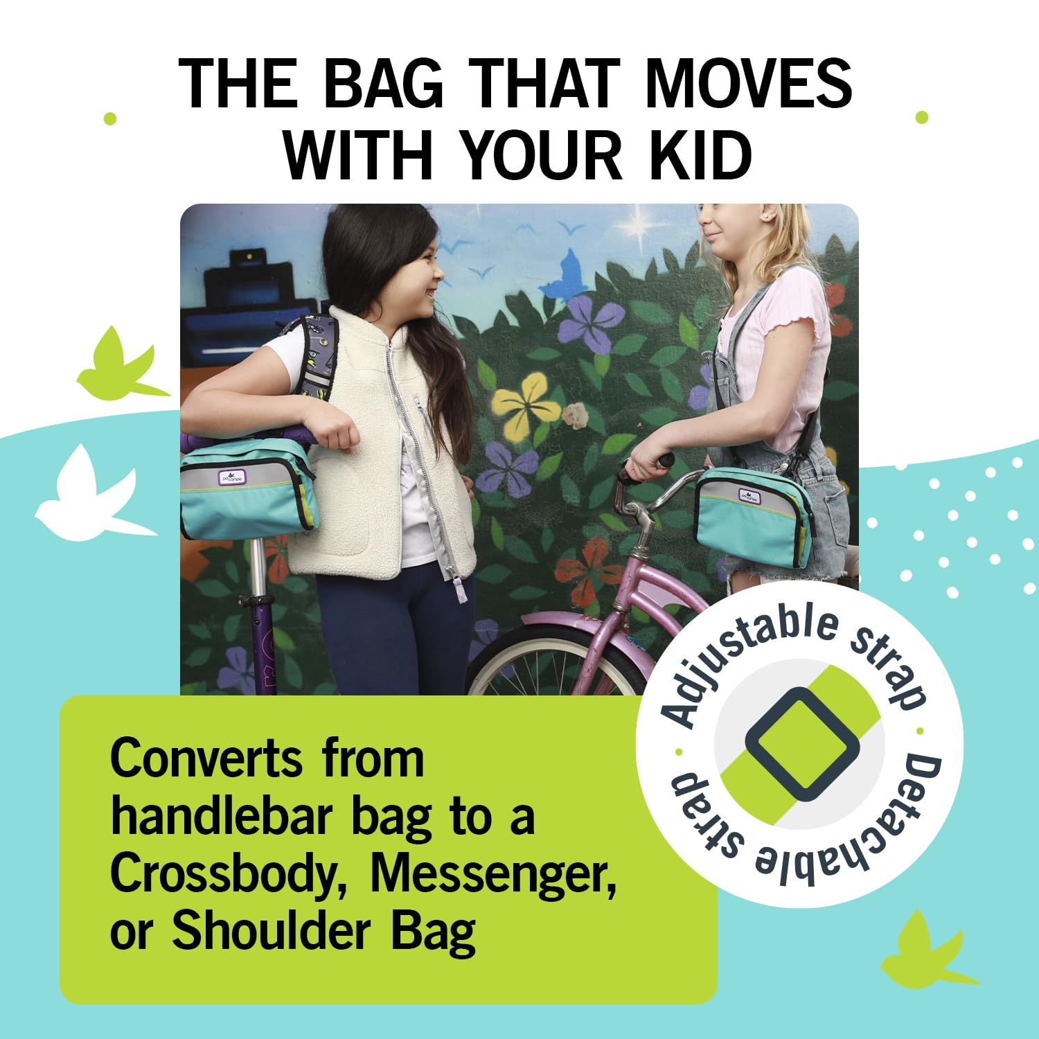 Po Campo Kids Bicycle Handlebar Bag - Waterproof Front Mount Bike Basket for Boys & Girls | Converts to Crossbody Bag | Perfect for School, Park Rides & Scooter Adventures