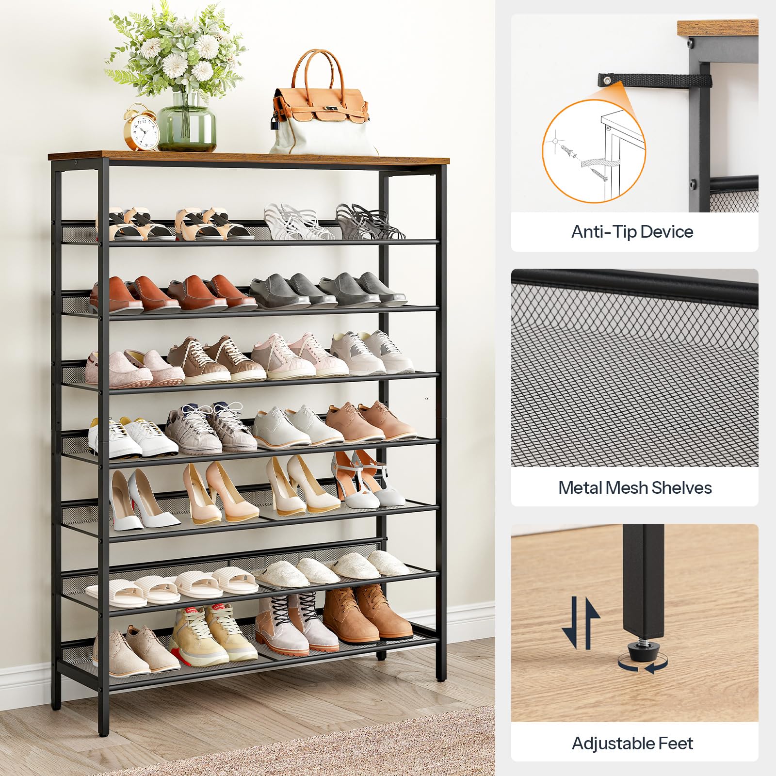 HOOBRO 8-Tier Shoe Rack - Large Capacity Shoe Storage Organizer with Adjustable Metal Shelves for 32-40 Pairs of Shoes | Space Saving Sturdy Shoe Shelf for Entryway, Closet & Bedroom Organization