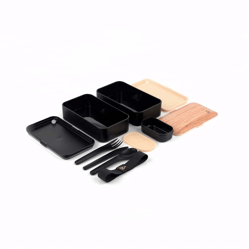 Bento Tek 41 oz Wood Grain & Black Buddha Box - All-in-One Lunch Container with Utensils & Sauce Cup (7.25