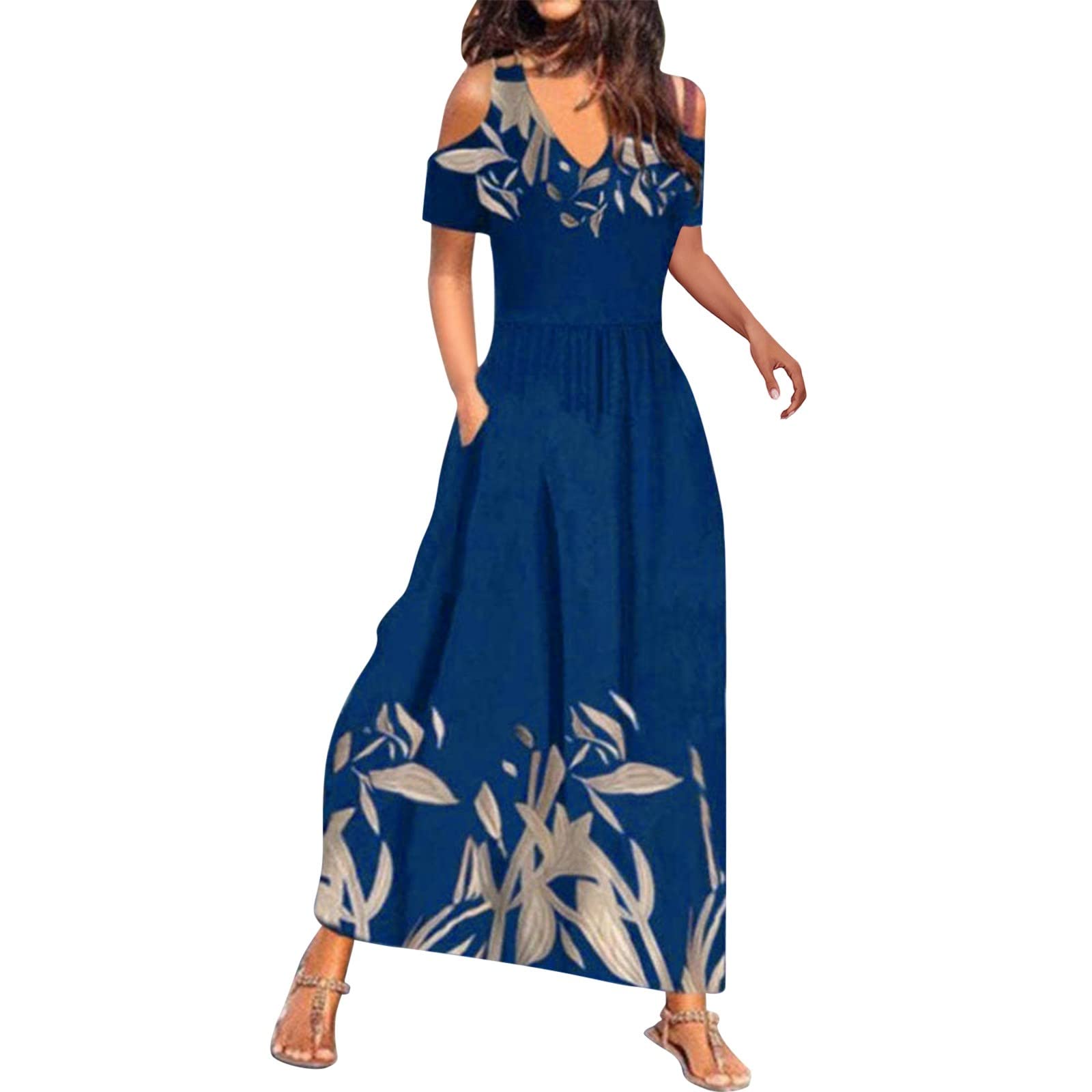 Women's Summer Maxi Dress - Floral Print V Neck Cold Shoulder Sleeve Casual Sling Dress | Perfect for Beach Vacations, Date Nights & Summer Parties