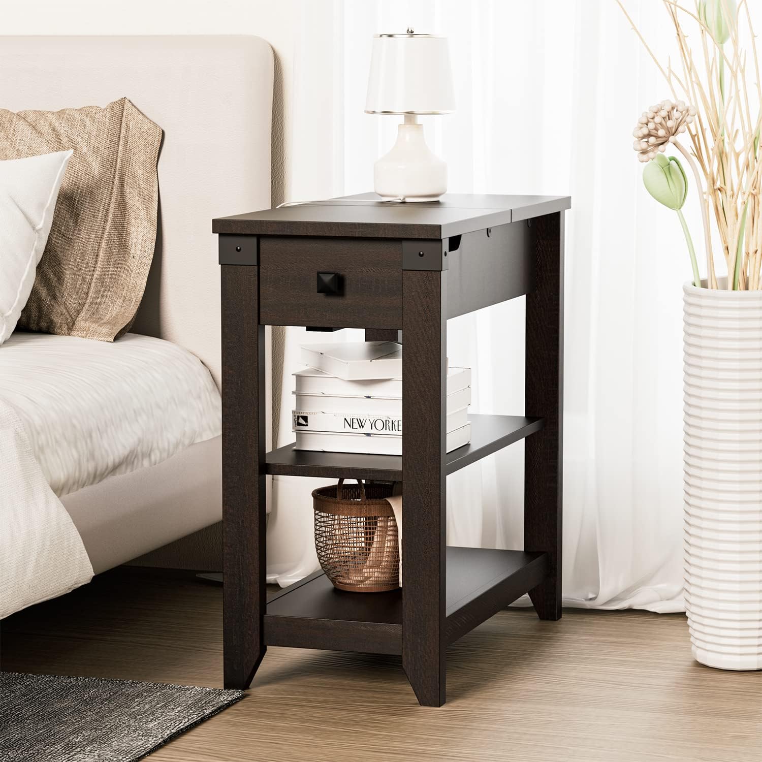 Set of 2 Narrow Flip Top End Tables with USB Charging Station - Farmhouse Style Nightstands with Storage Shelf - Space Saving Sofa & Bedside Tables for Living Room & Bedroom in Espresso Finish - Perfect for Small Apartments, Dorms & Cozy Home Decor
