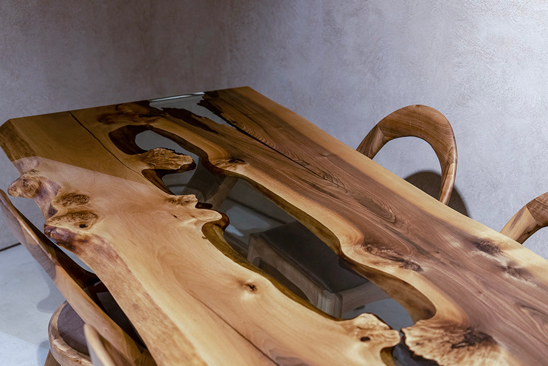 Handmade Live Edge Walnut Wood Epoxy Resin River Dining Table - Rustic Modern Farmhouse Style for Dining Room, Kitchen, or Office Conference Table