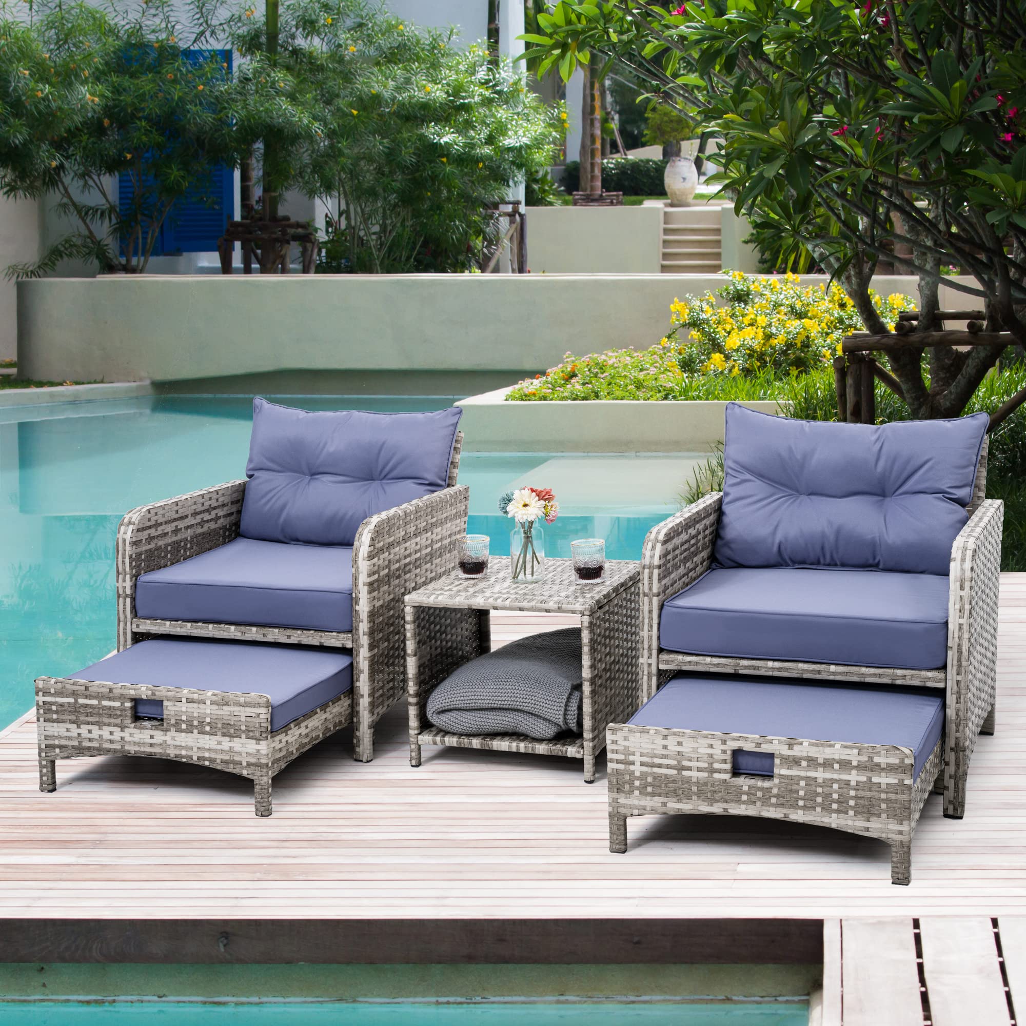 Pamapic 5-Piece Wicker Patio Furniture Set - Outdoor Rattan Chairs with Ottomans & Coffee Table - Purple Cushions & Gray Wicker - Perfect for Garden, Balcony, Porch & Backyard Relaxation