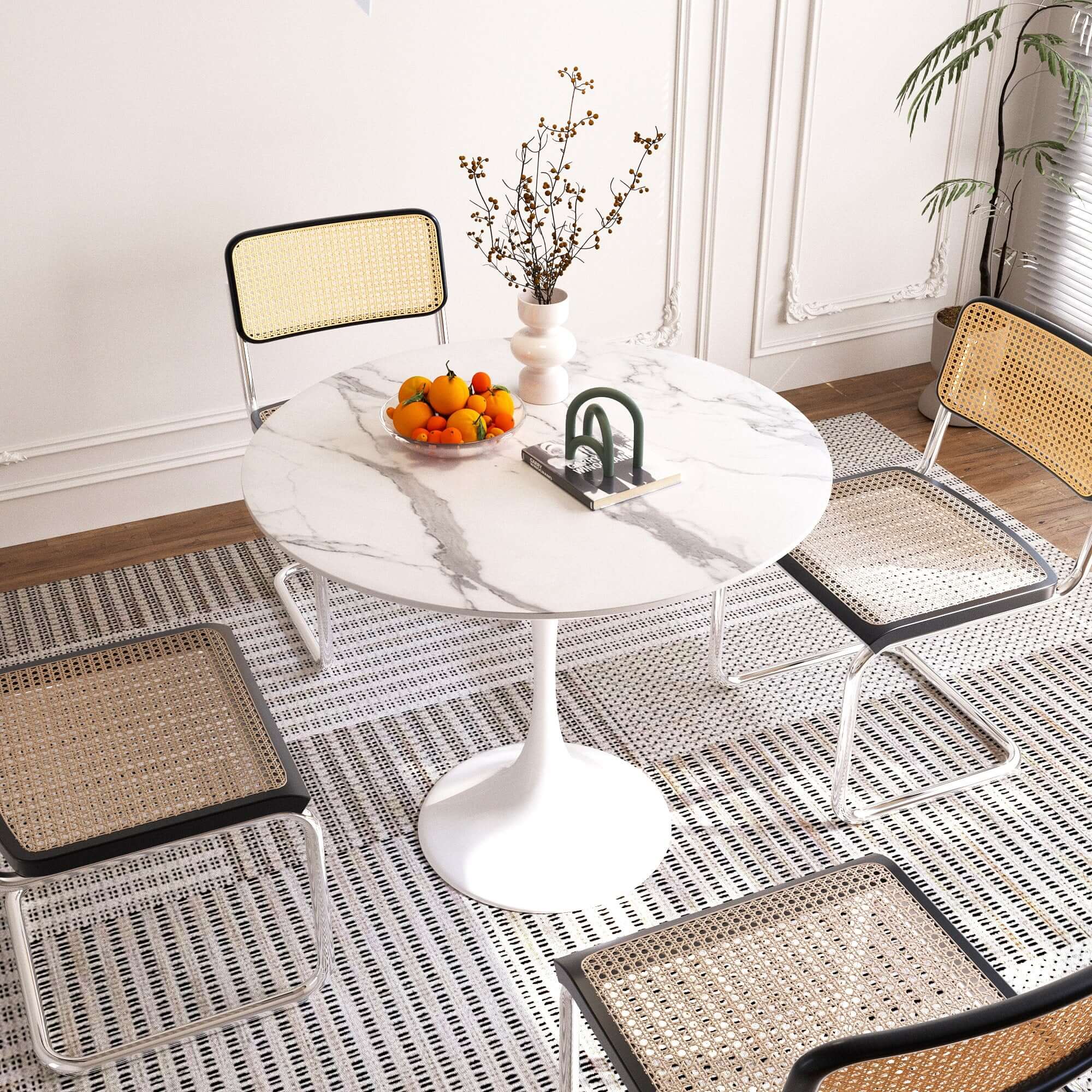 Minimalist 35.43 Inch White Rock Slab Round Dining Table - Modern Kitchen & Dining Room Furniture for Small Spaces