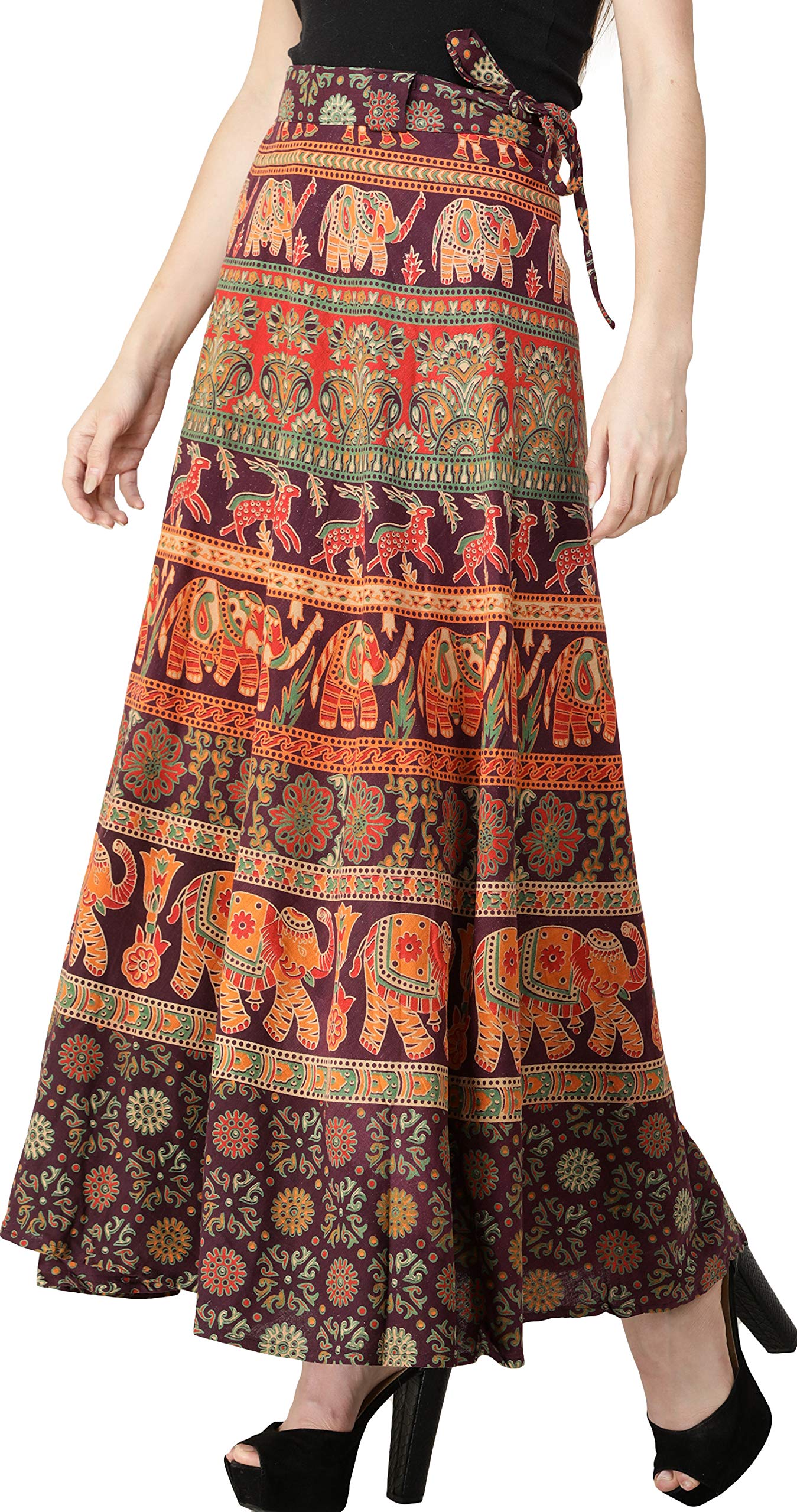 Elegant Wrap-Around Long Skirt with Exotic Elephant & Deer Print - Boho Chic Maxi Skirt for Women, Perfect for Beach Vacations, Music Festivals and Summer Outfits