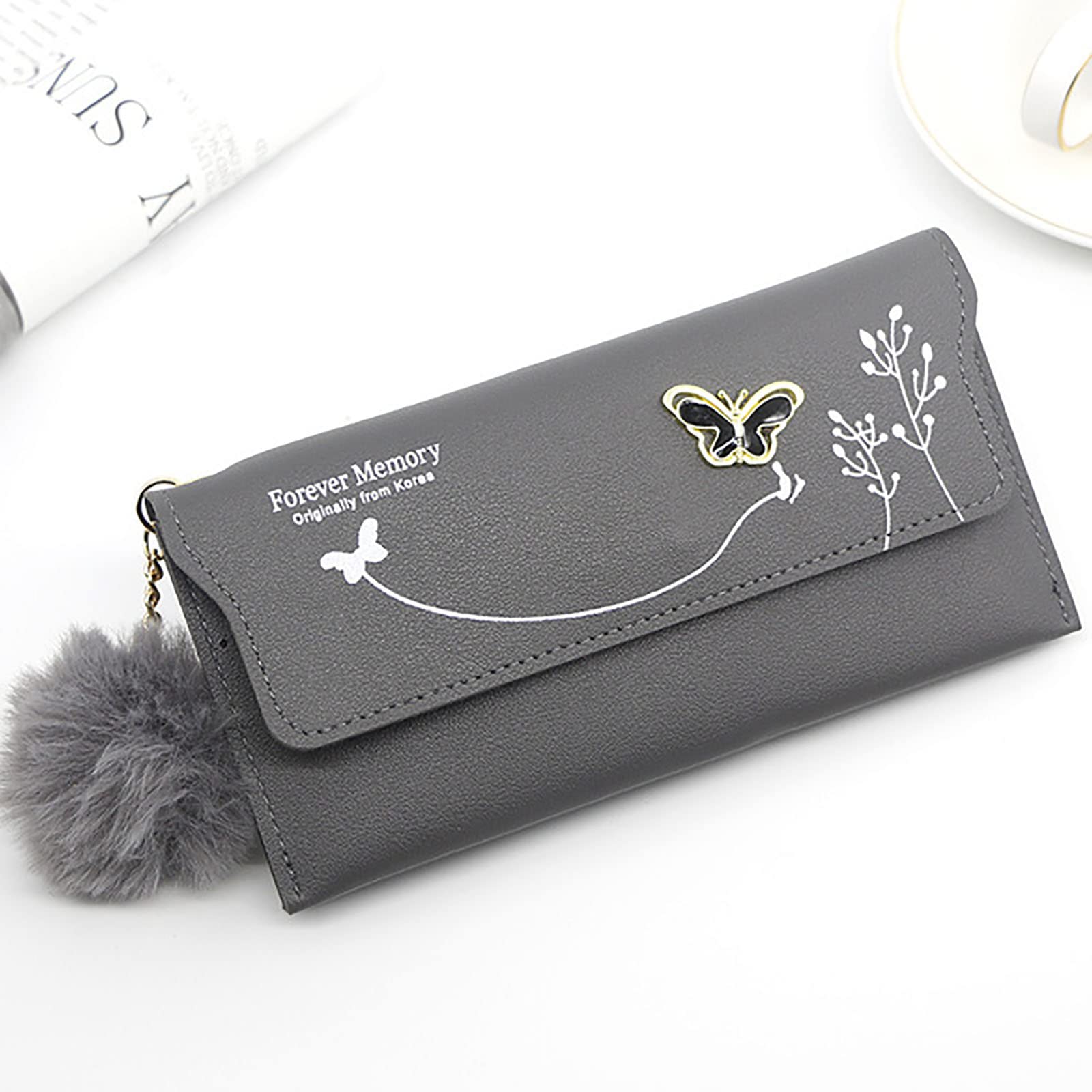 ZYMQ Women's Long Wallet - Stylish Pure Color Wool Ball Bow Clutch Bag with Card Slots & Coin Purse | Perfect for Parties, Weddings, and Everyday Use