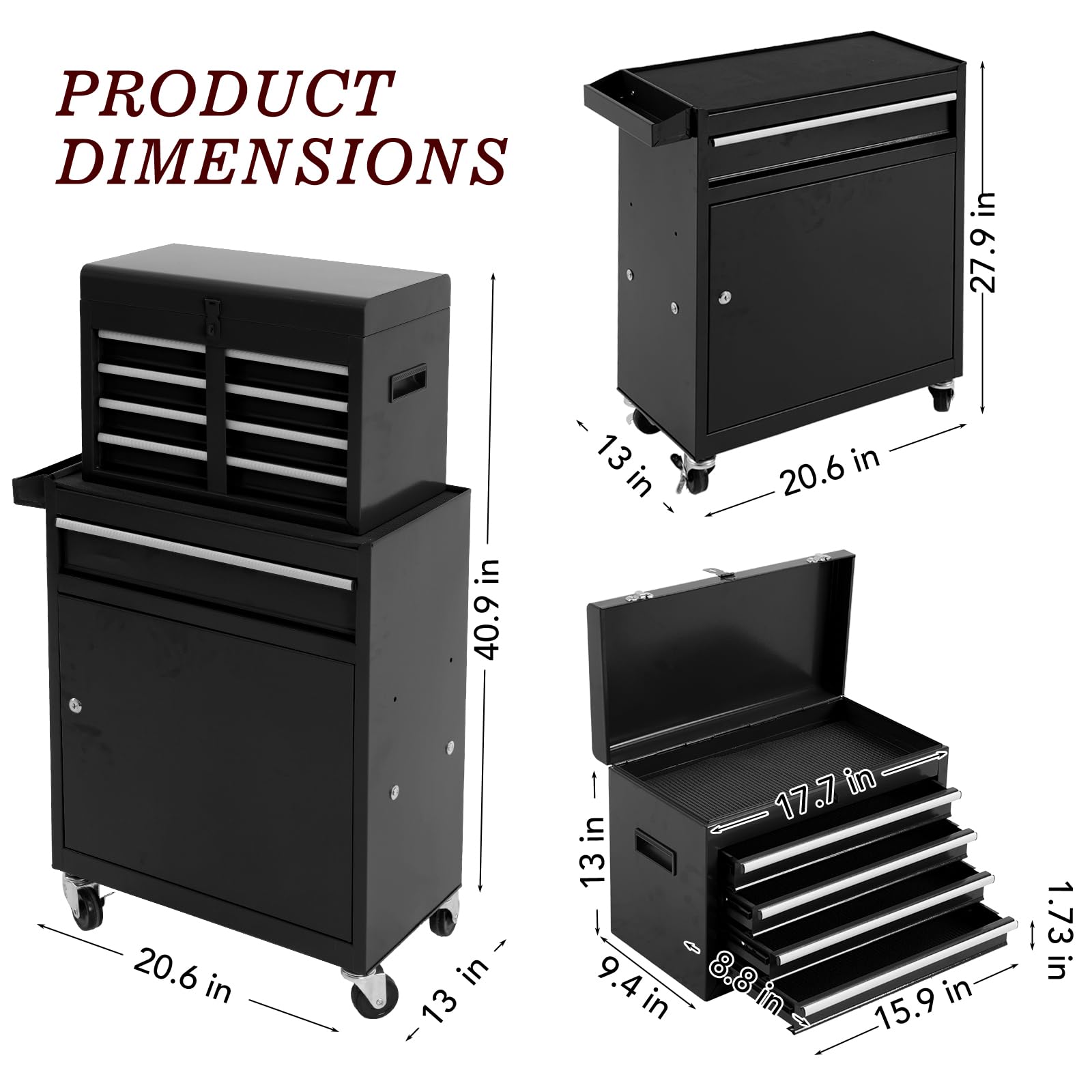 WAYTRIM 5-Drawer Rolling Tool Chest with Wheels & Lock - Heavy Duty Removable Tool Cabinet Storage Box, Adjustable Shelf, Portable Tool Organizer for Garage, Workshop, Warehouse & Auto Repair Shop (Black)