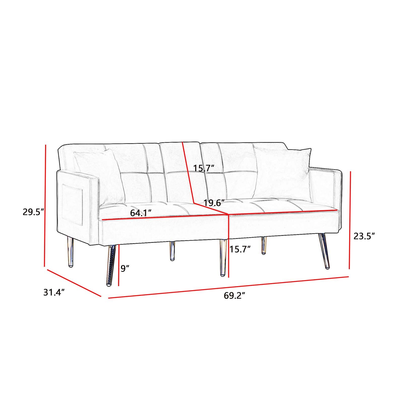 69'' Velvet Futon Sofa Bed - Modern Convertible Folding Sleeper Couch with Cup Holders & 2 Pillows, Pink Loveseat for Living Room, Apartment, Office - Perfect for Small Spaces, Guest Rooms & Multi-Functional Furniture Needs