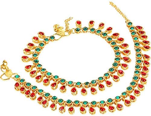 Gold Plated Indian Traditional Bollywood Style Kundan Anklet Payal for Women - Elegant Ethnic Barefoot Jewelry for Parties, Weddings & Festivals (A031MG)